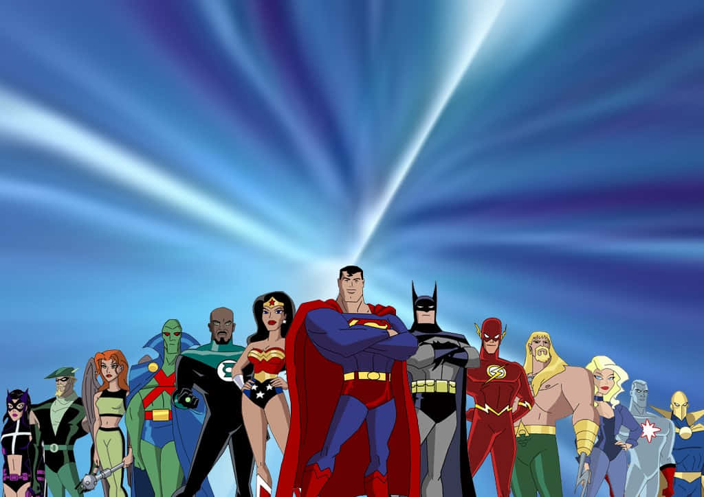 Justice League Unlimited, Justice League Unlimited Team, radiant blue cosmic background, SD Desktop Wallpaper
