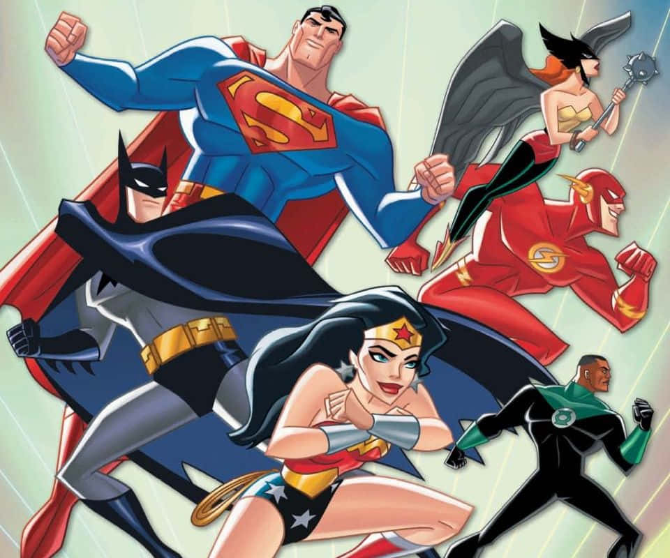Justice League Unlimited, six iconic superheroes, dynamic comic book style, SD Desktop Wallpaper