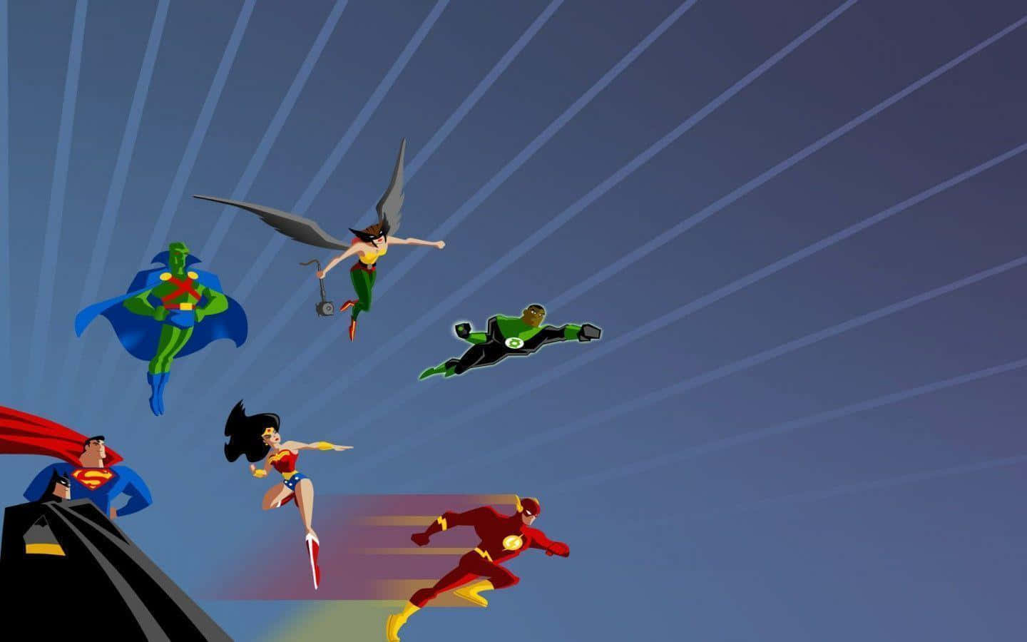 Justice League Unlimited, six animated superheroes, blue sky, HD Desktop Wallpaper