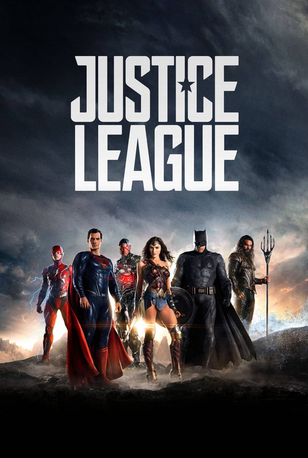 Justice League, stormy sky, glowing title text, HD Phone Wallpaper