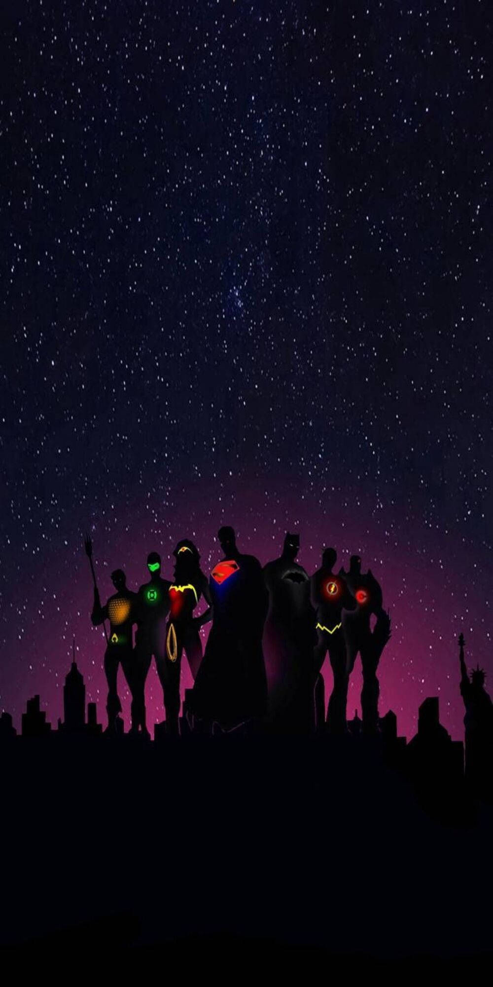 Justice League, silhouette, city skyline, Full HD Phone Wallpaper