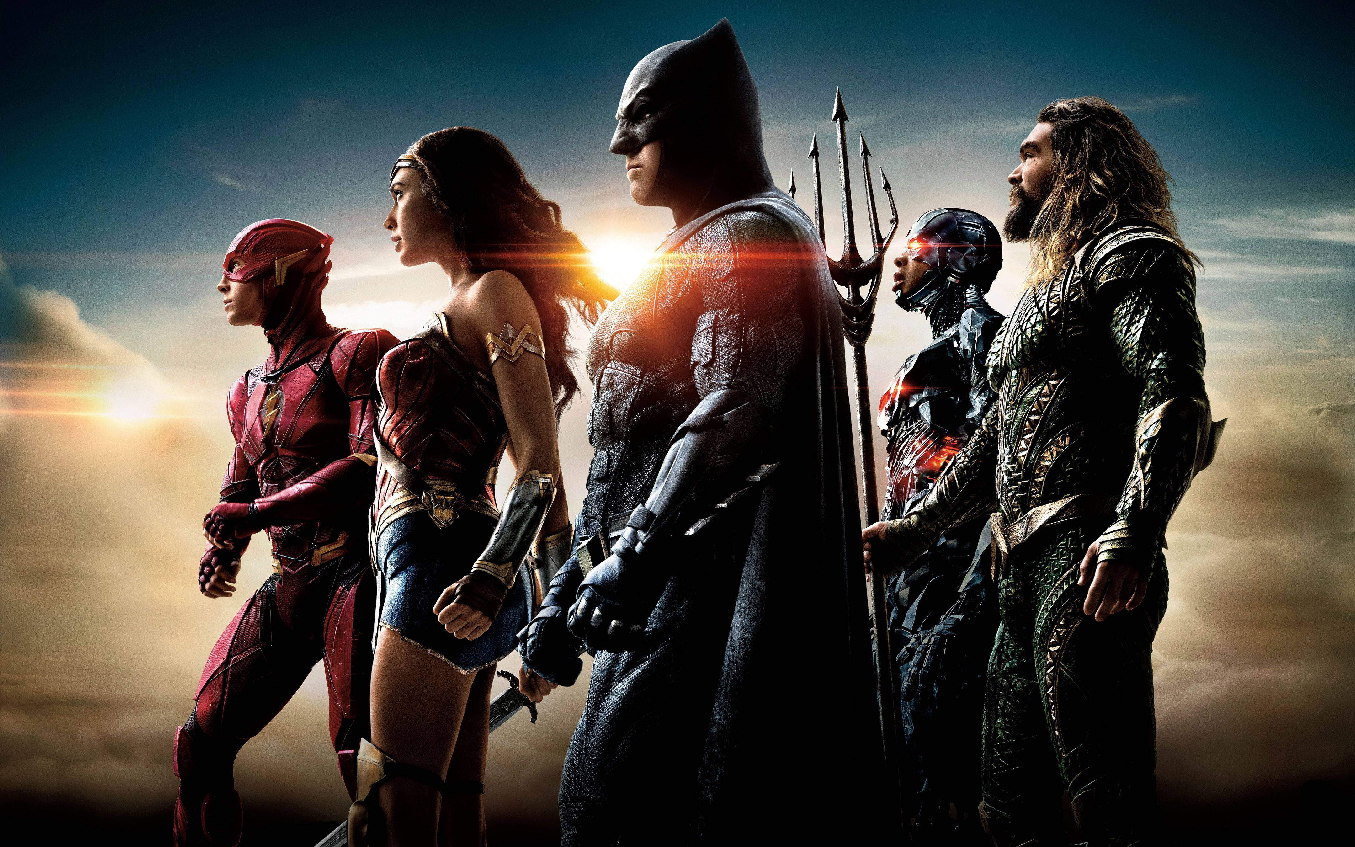 Justice League, sunset, silhouette, 4K Desktop Wallpaper