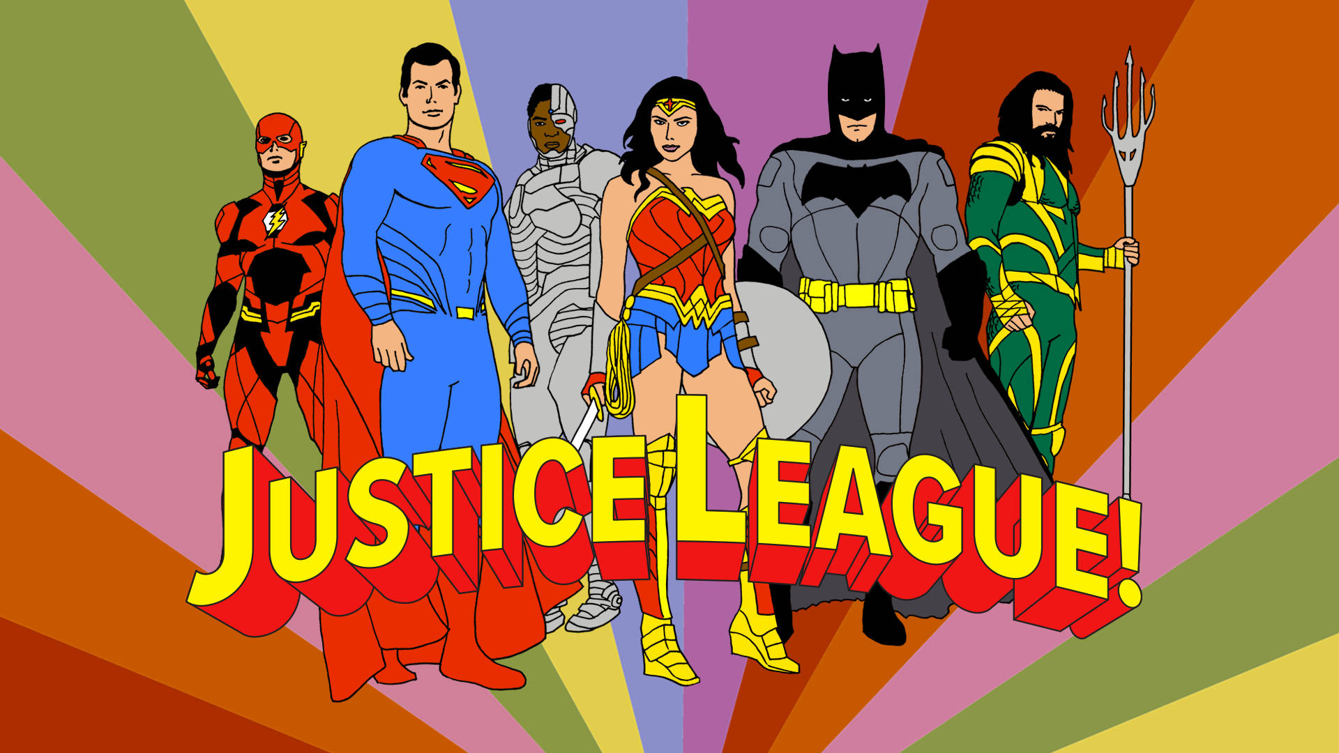 Justice League, cartoon drawing, six iconic superheroes, Full HD Desktop Wallpaper