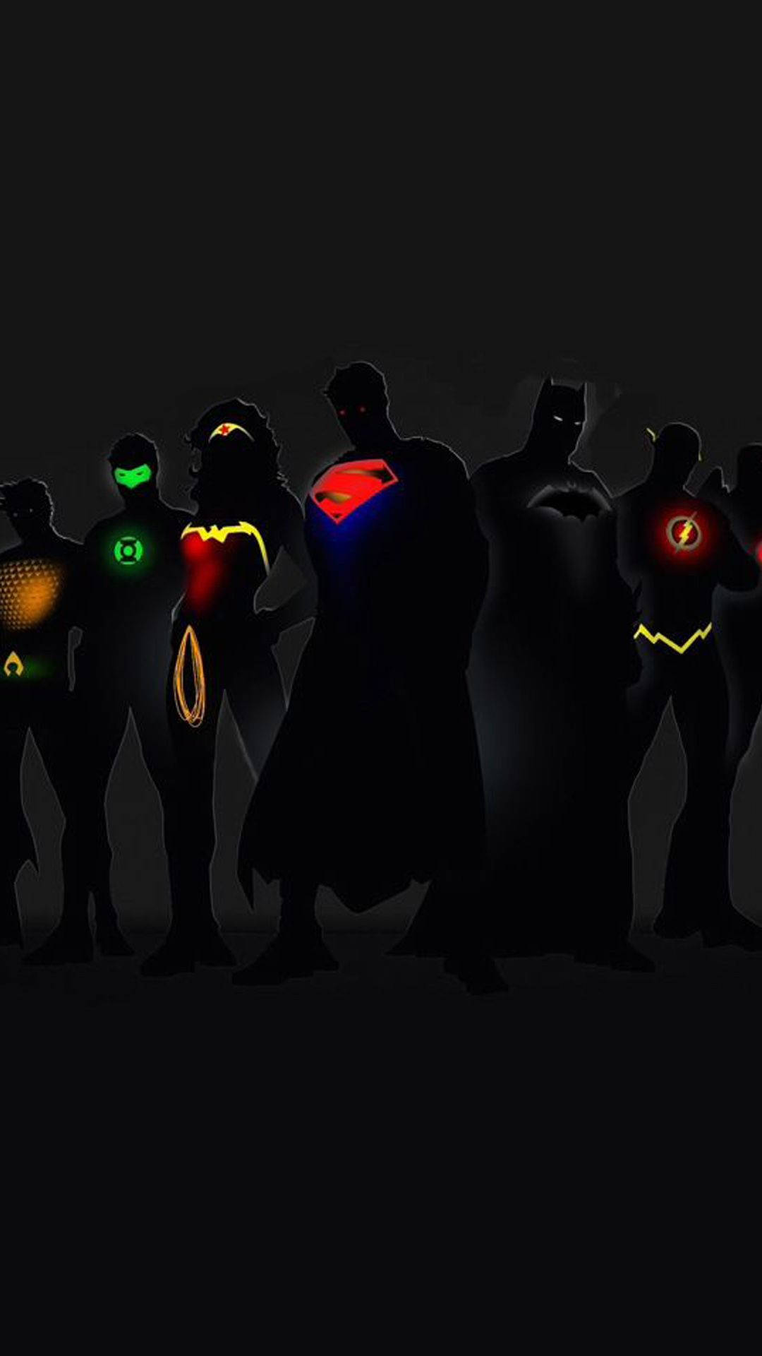 Justice League, glowing emblems, silhouetted superheroes, Full HD Phone Wallpaper