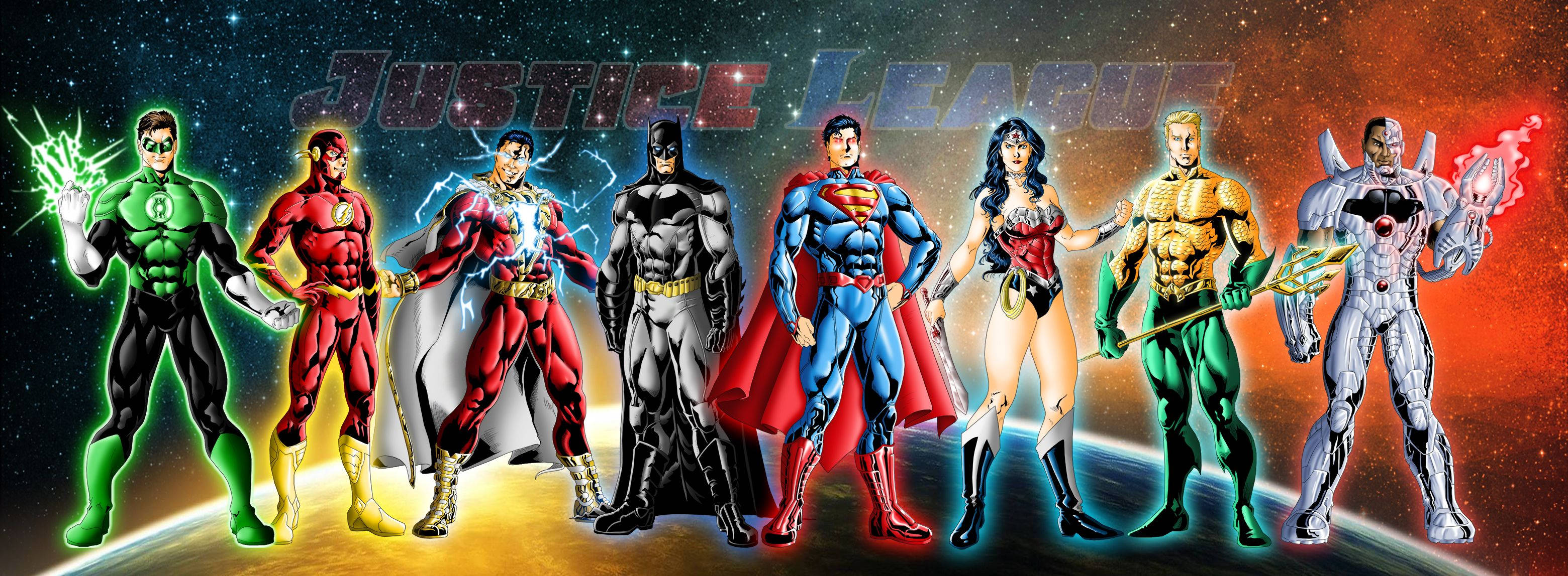 Justice League, cosmic backdrop, glowing energy effects, 2K Desktop Wallpaper