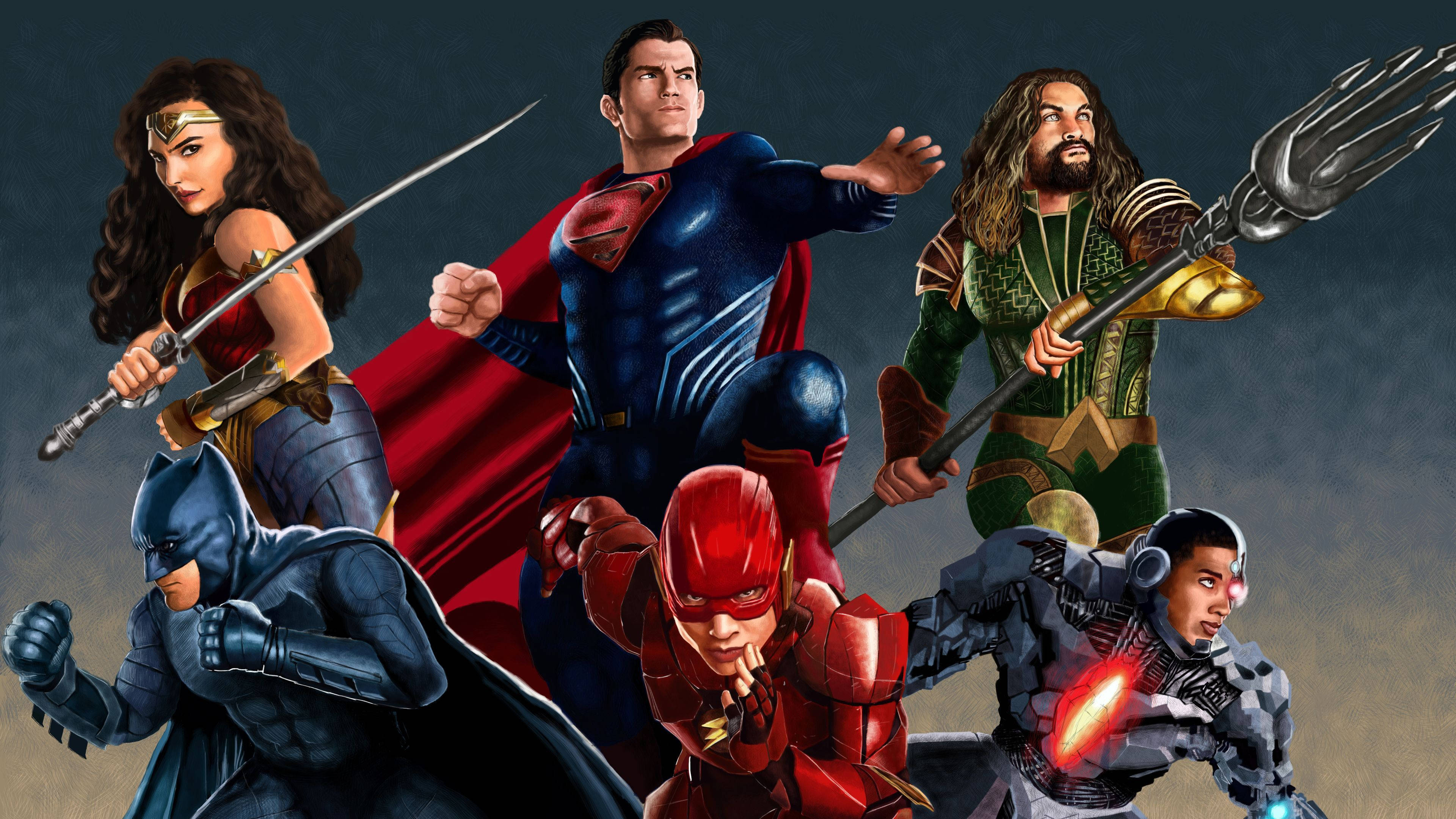 Justice League, superheroes, dynamic poses, 4K Desktop Wallpaper
