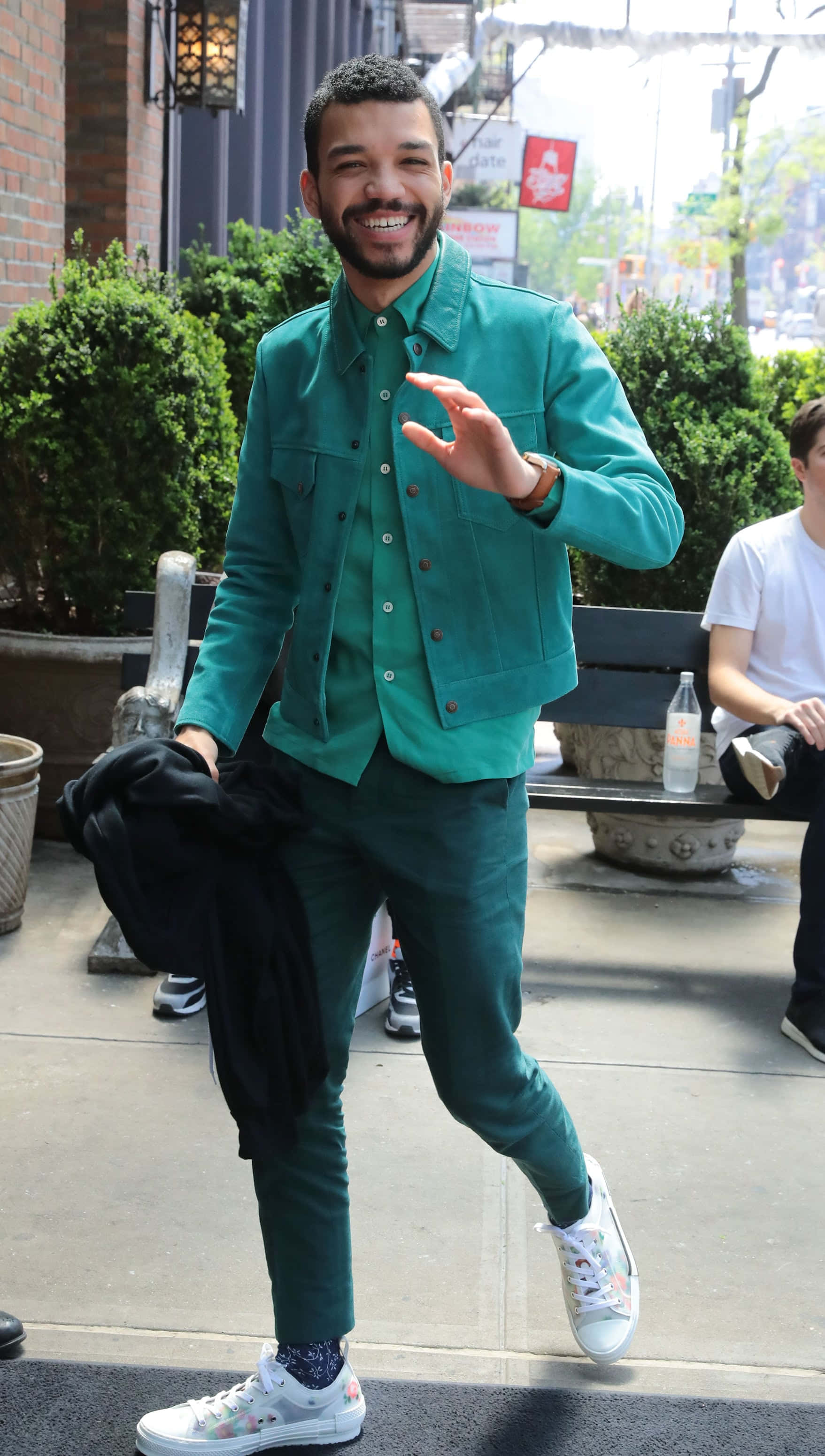 Justice Smith, teal outfit, sunny day, 2K Phone Wallpaper