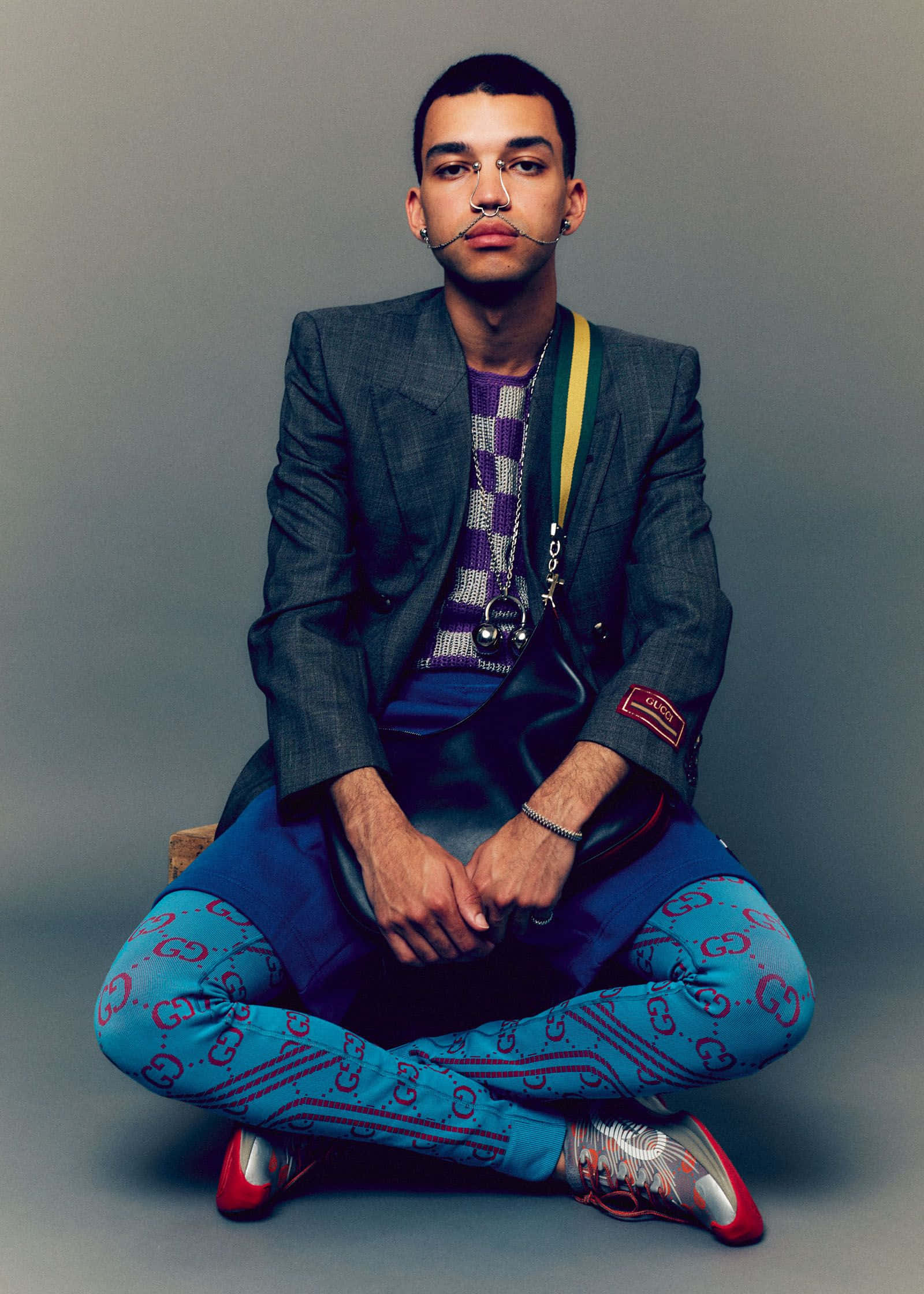 Justice Smith, grey blazer, blue Gucci-print pants, Full HD Phone Wallpaper