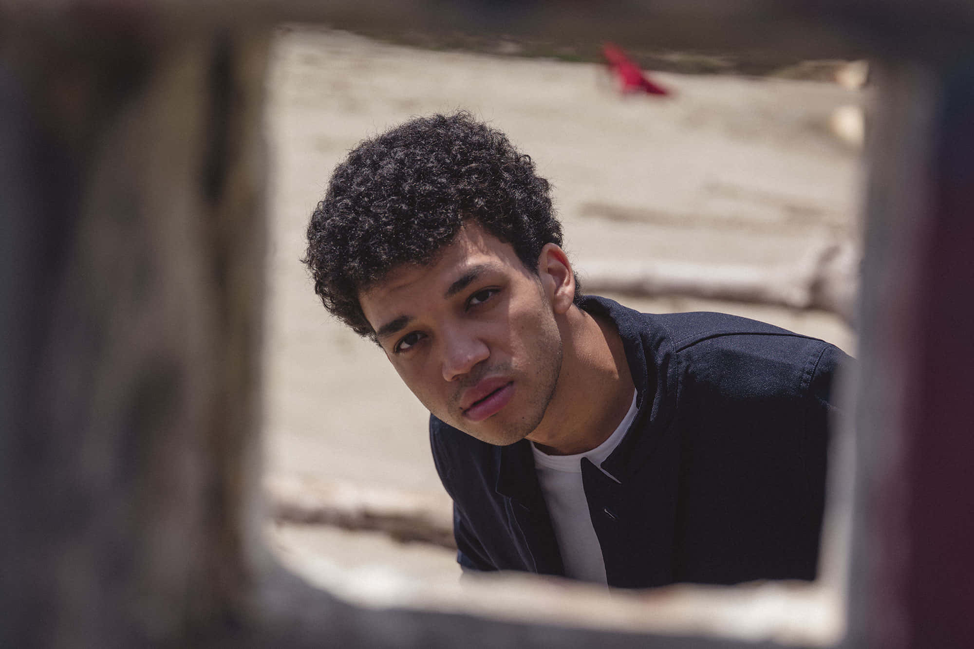Justice Smith, curly hair, weathered wooden frame, Full HD Desktop Wallpaper