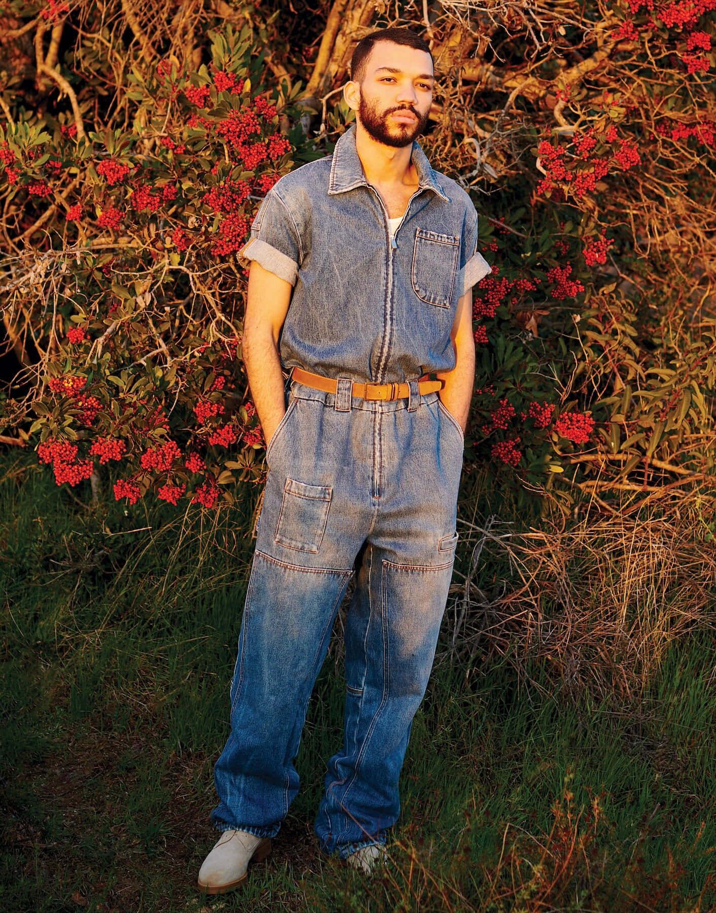 Justice Smith, denim overalls, vibrant red berry bushes, HD Phone Wallpaper
