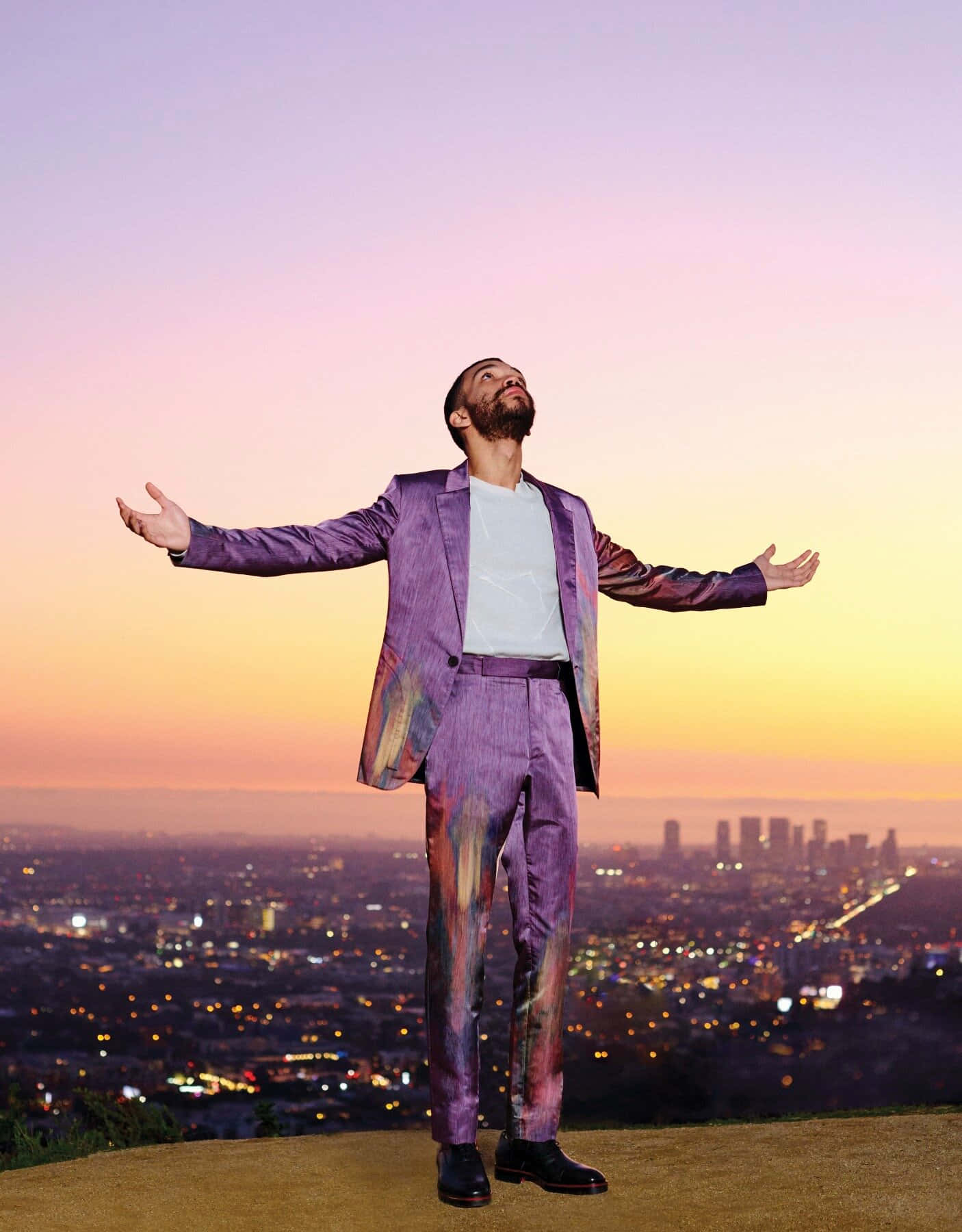 Justice Smith, vibrant purple suit, glowing sunset, HD Phone Wallpaper