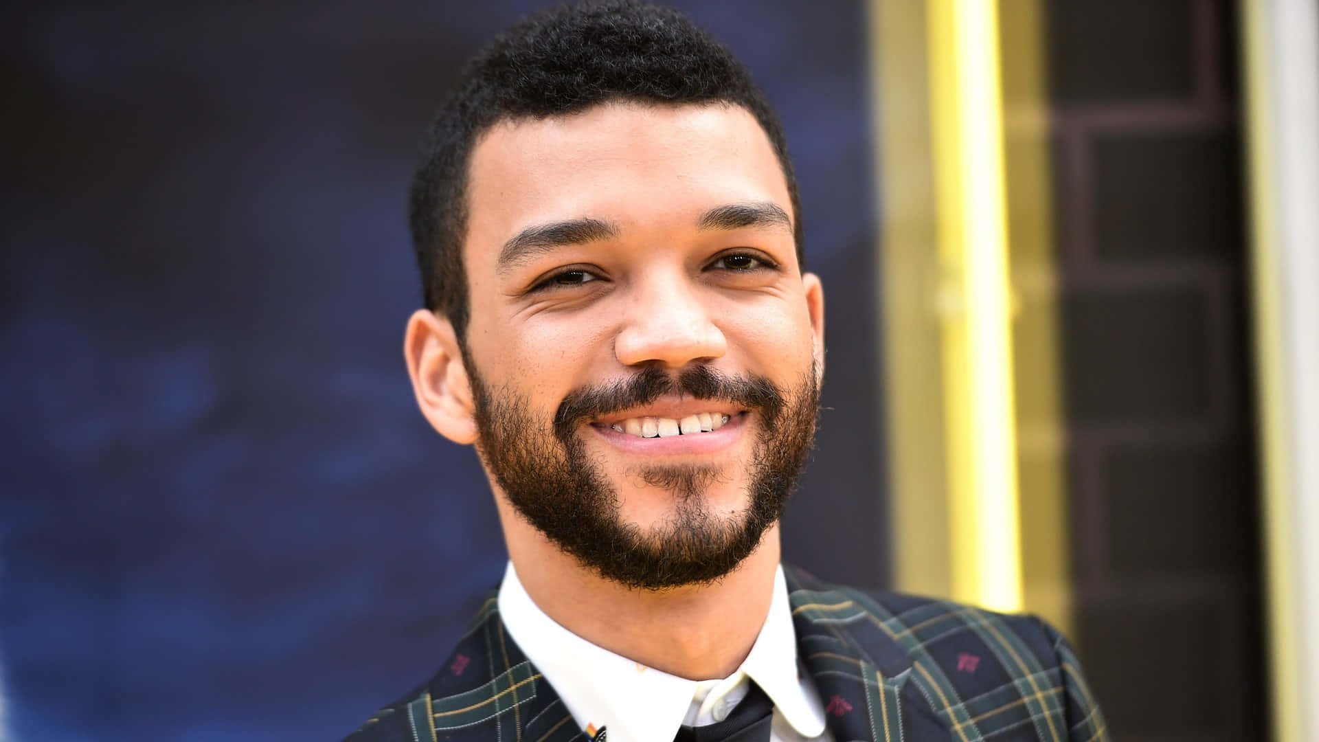 Justice Smith, plaid suit, blurred blue and gold background, Full HD Desktop Wallpaper