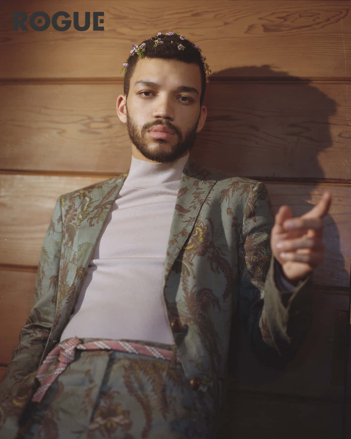 Justice Smith, floral crown, wooden panels, HD Phone Wallpaper