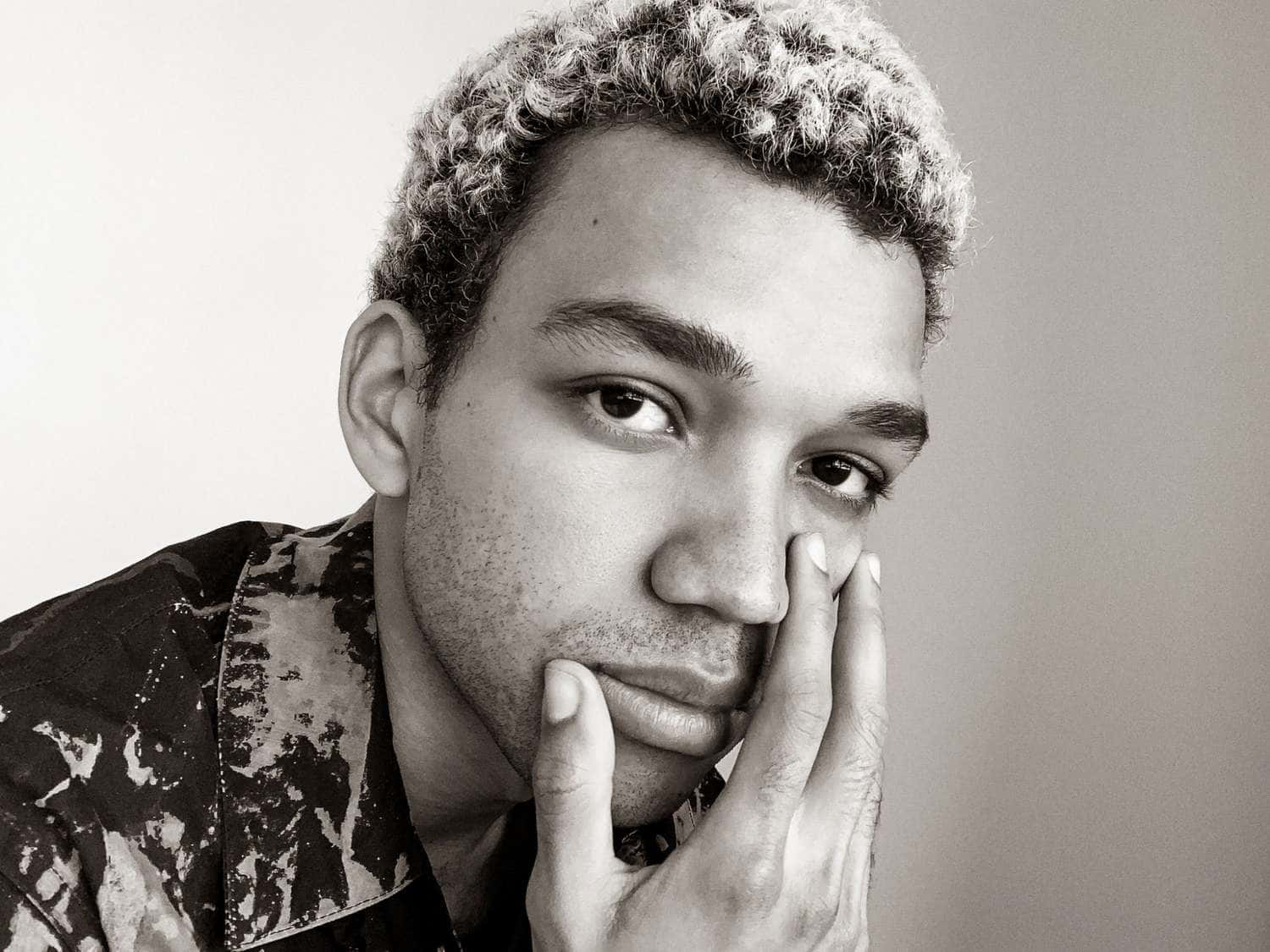 Justice Smith, black and white portrait, curly hair, HD Desktop Wallpaper