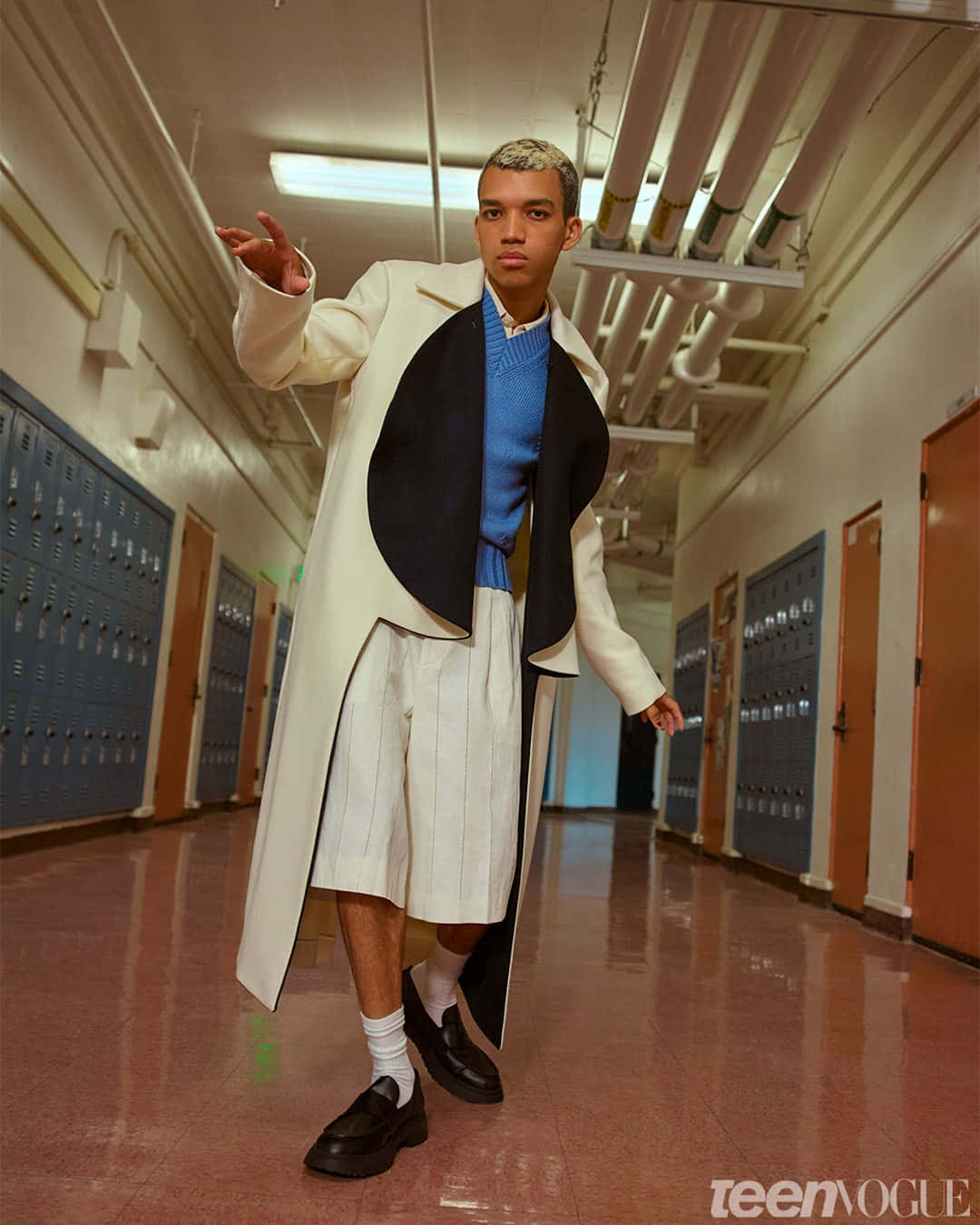 Justice Smith, white coat, blue sweater, HD Phone Wallpaper