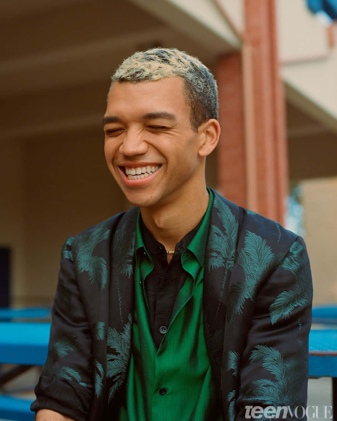Justice Smith, bleached hair, tropical palm print blazer, HD Phone Wallpaper