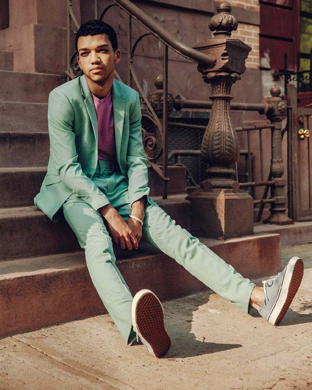 Justice Smith, mint green suit, stone steps, SD Phone Wallpaper