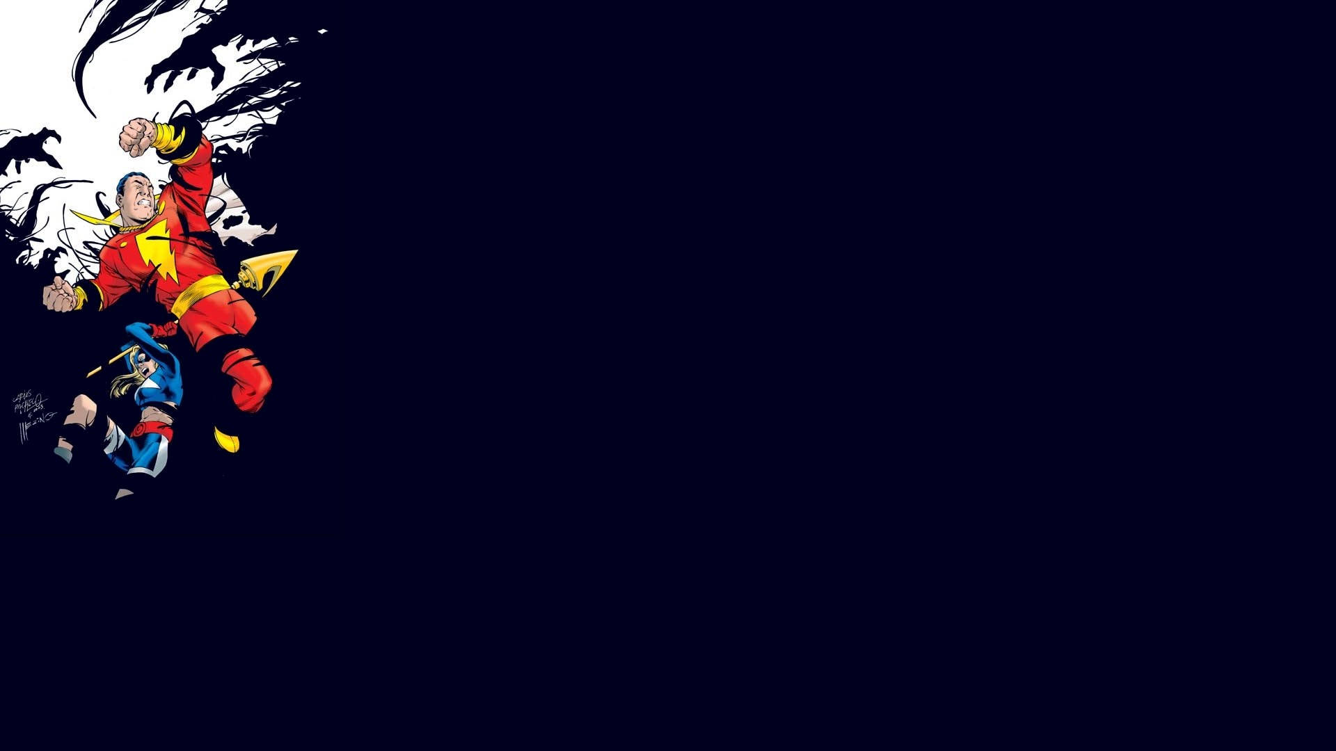 Justice Society Of America, red and blue costumes, stark black background, Full HD Desktop Wallpaper