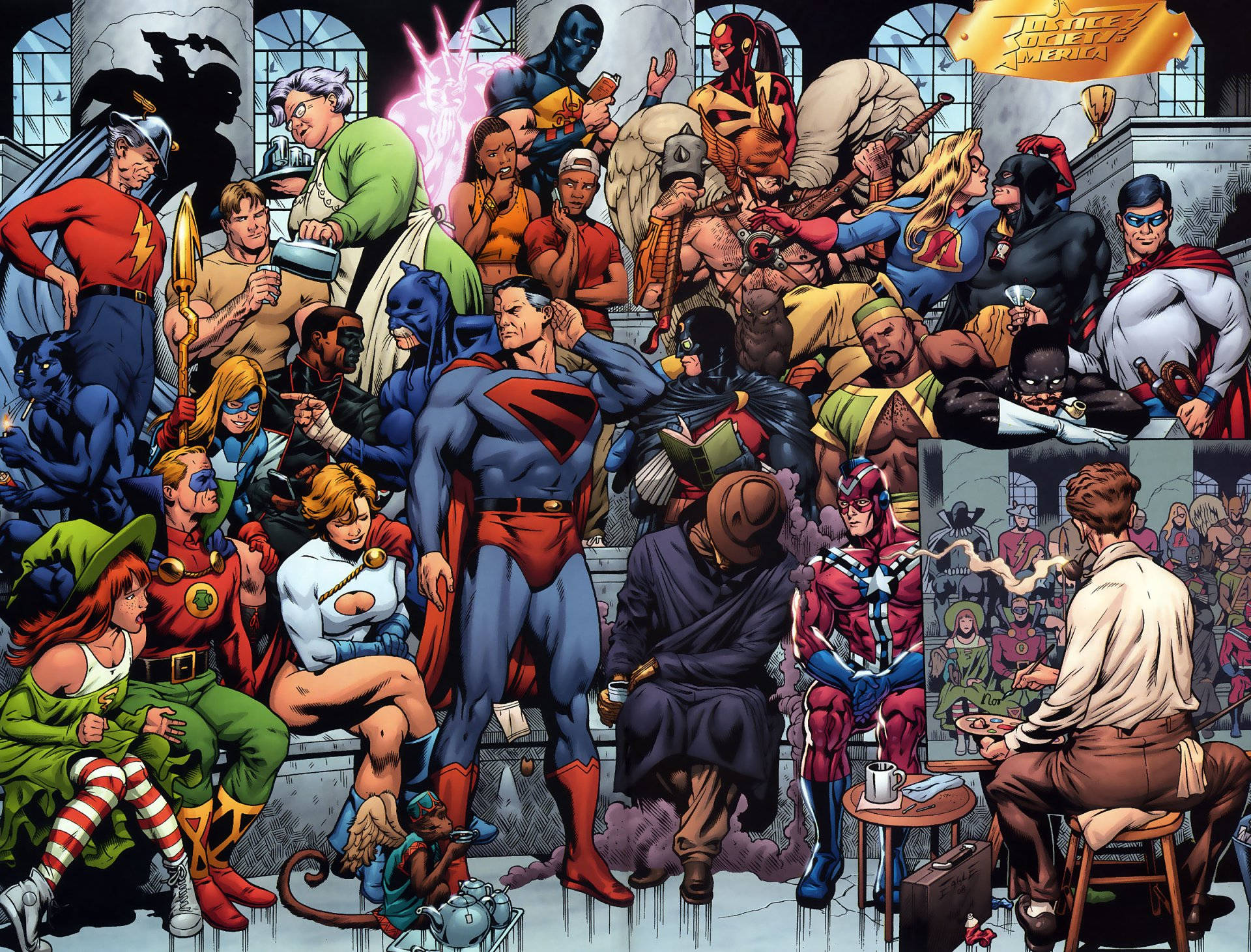 Justice Society Of America, comic book illustration, grand hall, Full HD Desktop Wallpaper
