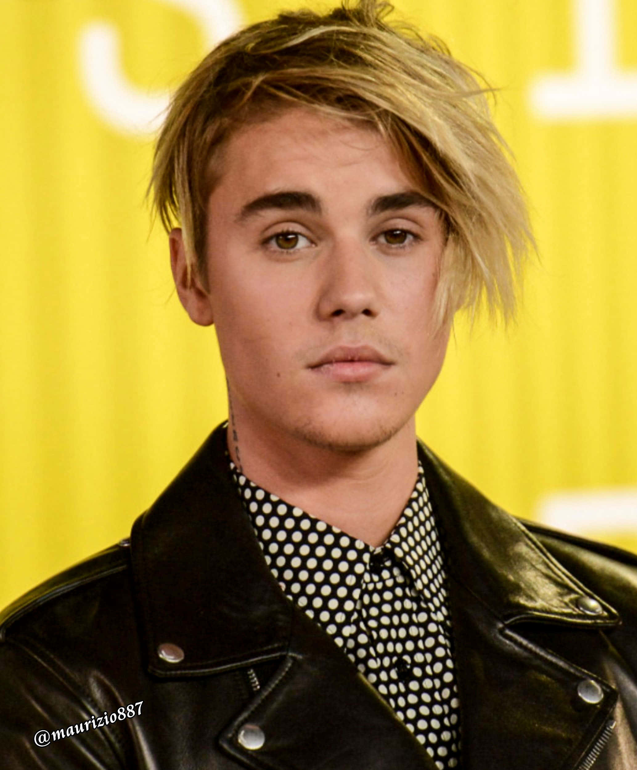 Justin Bieber 2015, black leather jacket, polka-dot shirt, Full HD Phone Wallpaper
