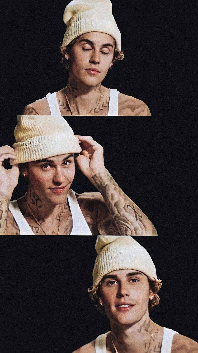 Justin Bieber, cream beanie, black background, HD Phone Wallpaper