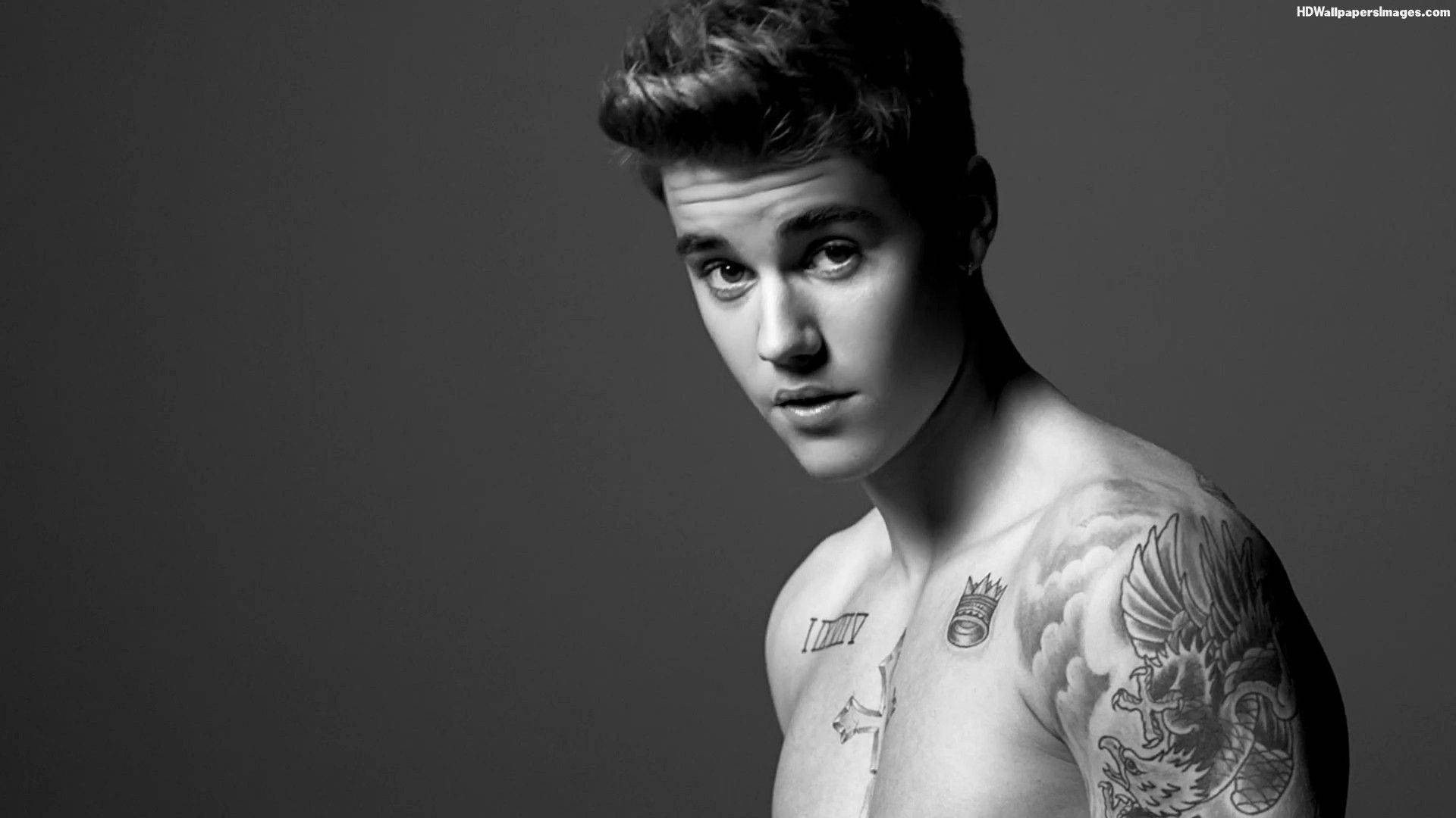 Justin Bieber, black and white portrait, tattoos, Full HD Desktop Wallpaper