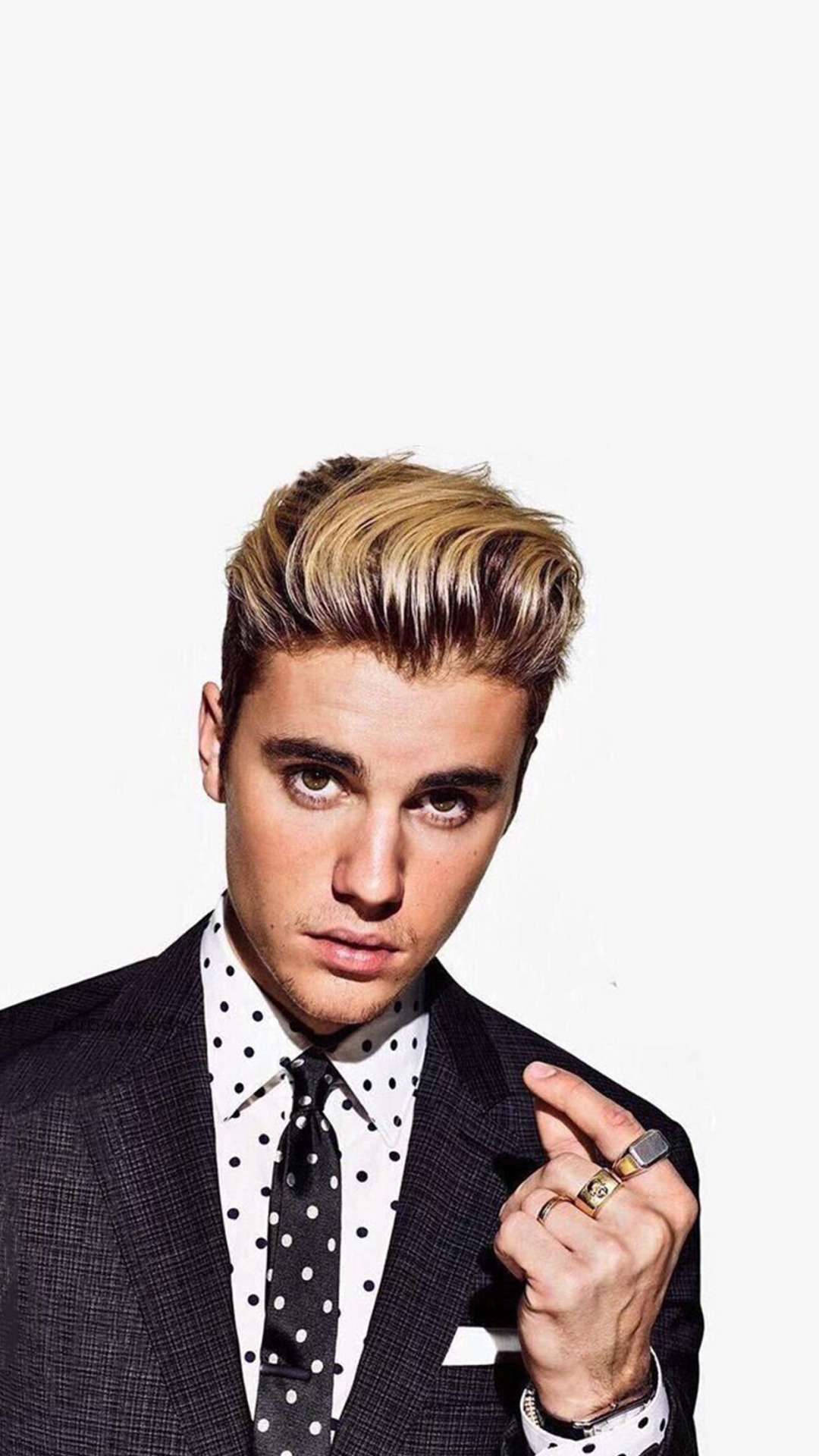 Justin Bieber, black suit, polka dot shirt, Full HD Phone Wallpaper