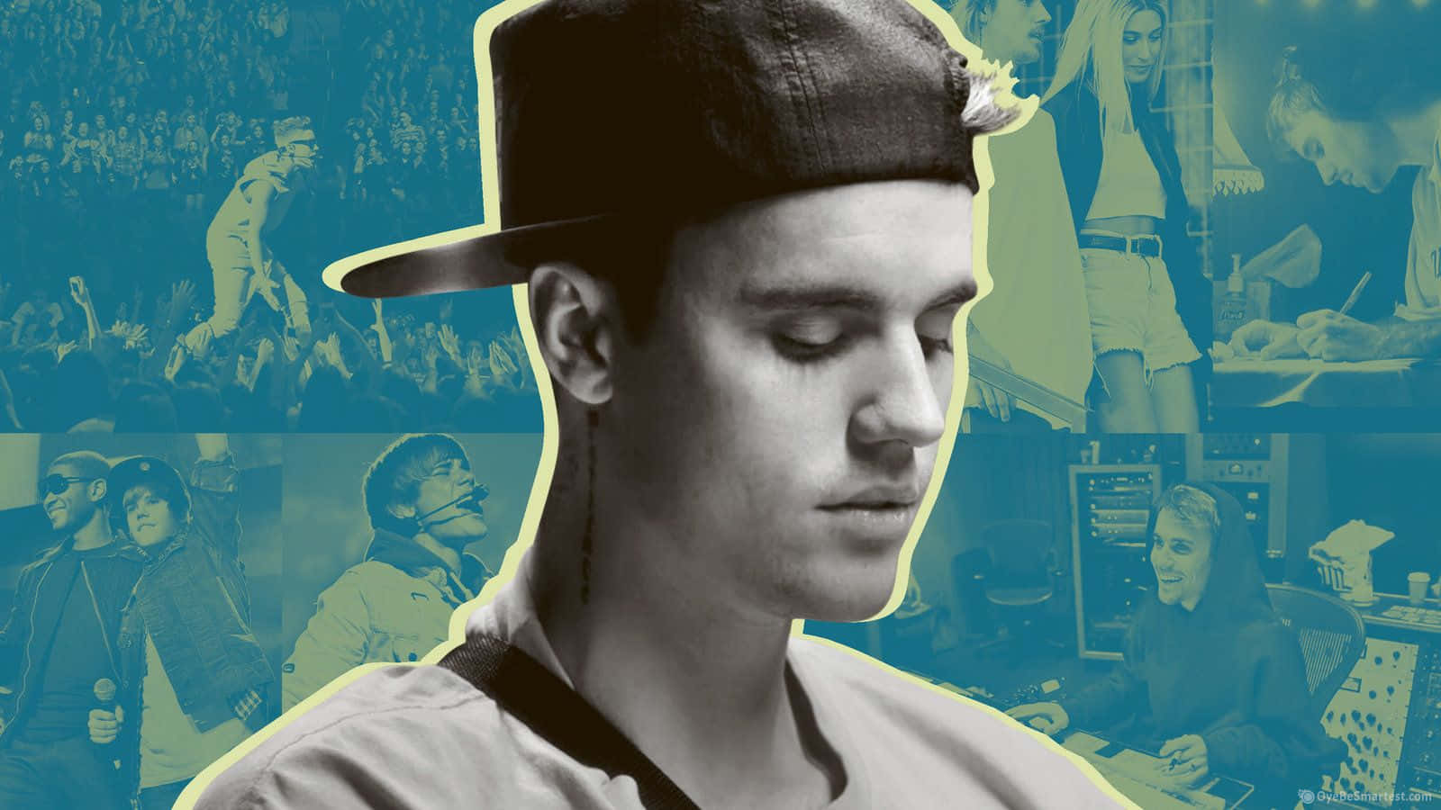 Justin Bieber, cap, blue and yellow tones, HD Desktop Wallpaper