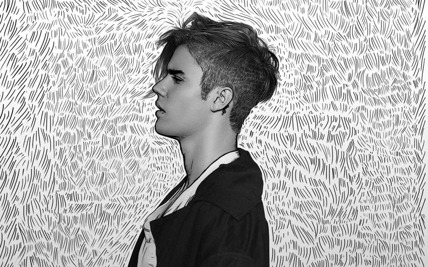 Justin Bieber, silhouette, black and white illustrated portrait, HD Desktop Wallpaper