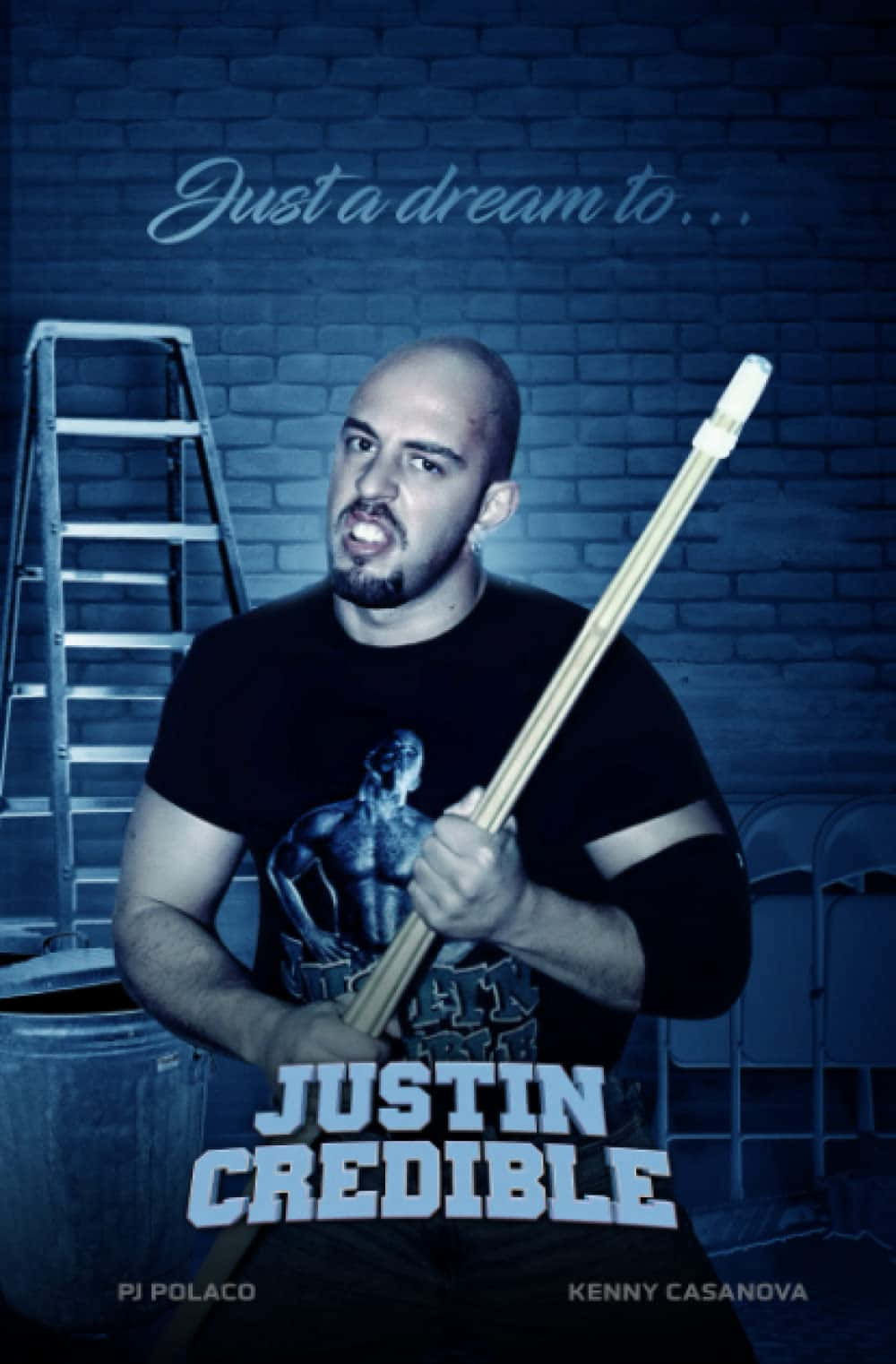 Justin Credible, blue-lit brick room, ladder, HD Phone Wallpaper