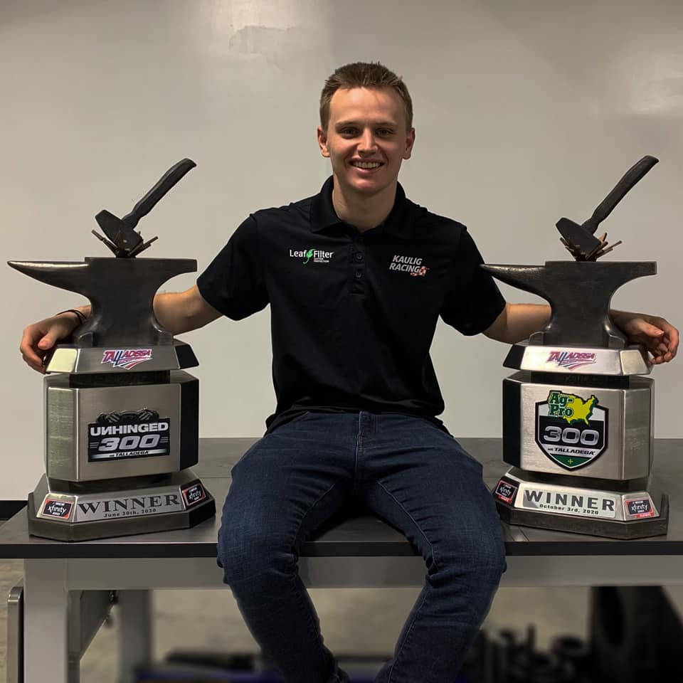 Justin Haley, anvil-shaped racing trophies, table, SD Desktop Wallpaper