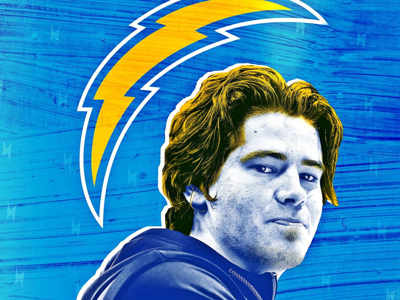 Justin Herbert, blue textured background, yellow lightning bolt logo, HD Desktop Wallpaper