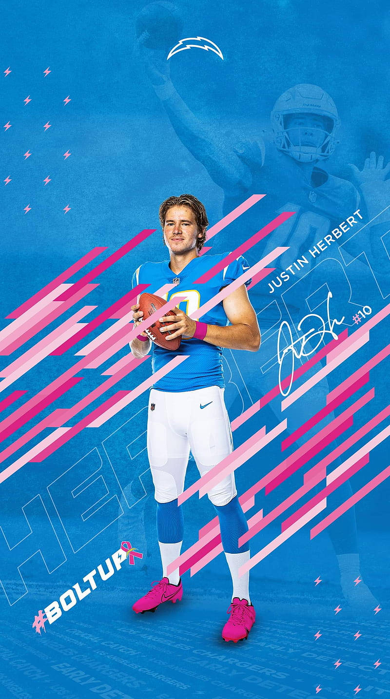 Justin Herbert, blue uniform, vibrant blue and pink graphic background, HD Phone Wallpaper
