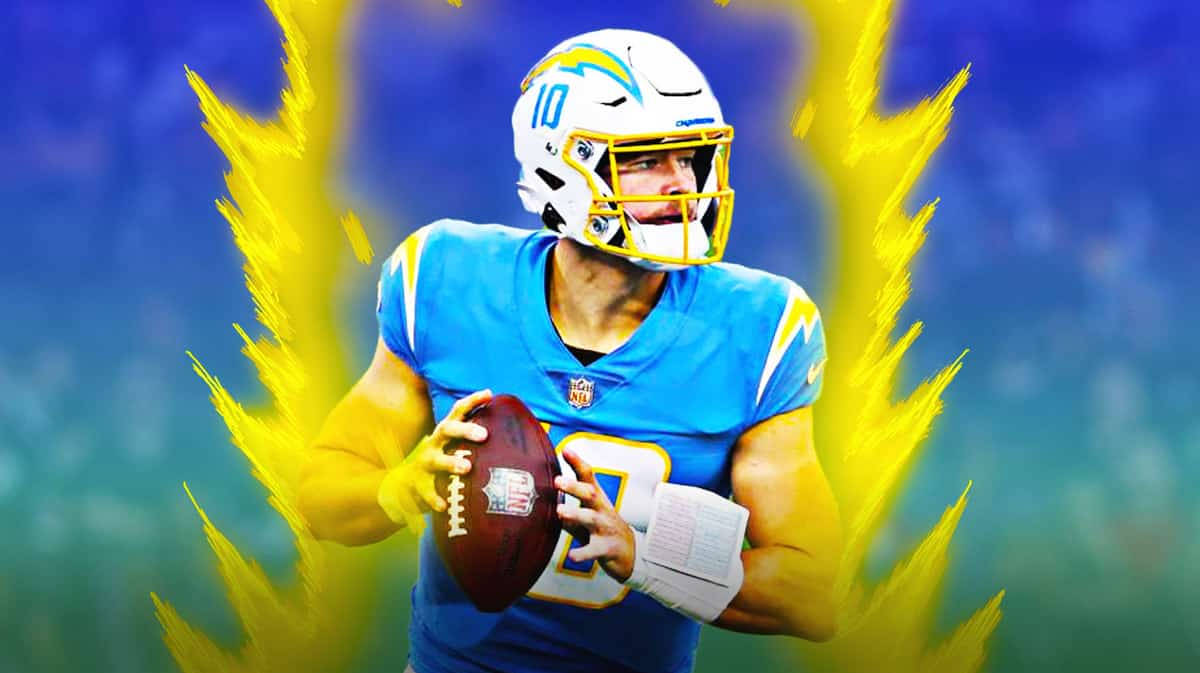 Justin Herbert, blue uniform, yellow lightning bolts, SD Desktop Wallpaper
