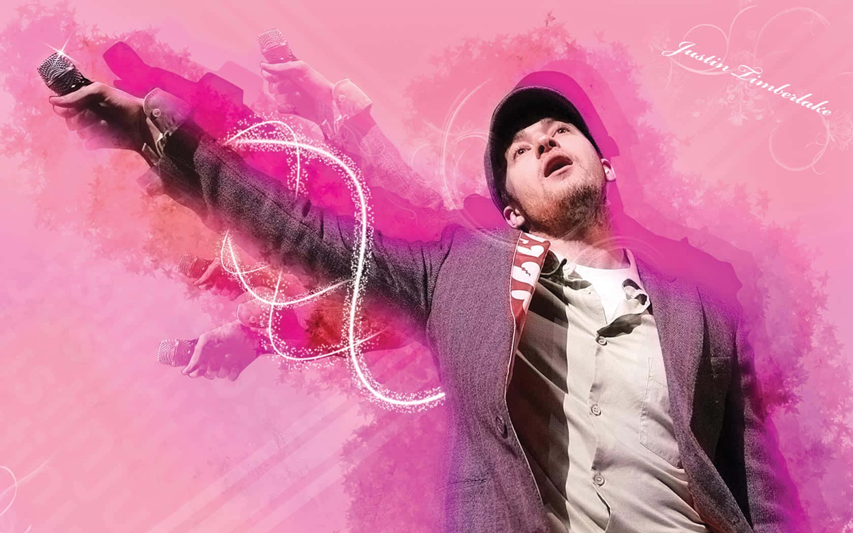 Justin Timberlake, vibrant pink watercolor splash background, microphones, HD Desktop Wallpaper