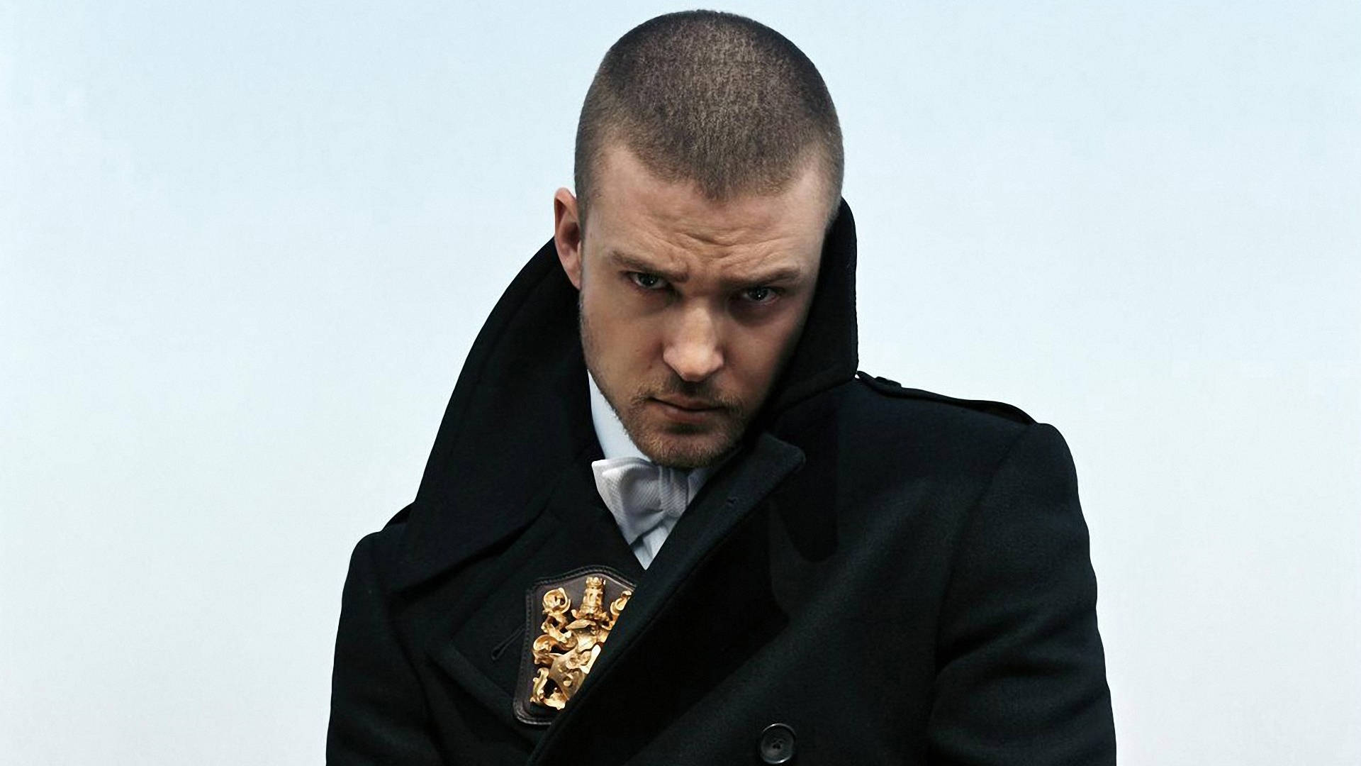 Justin Timberlake, black tench coat, gold emblem, Full HD Desktop Wallpaper