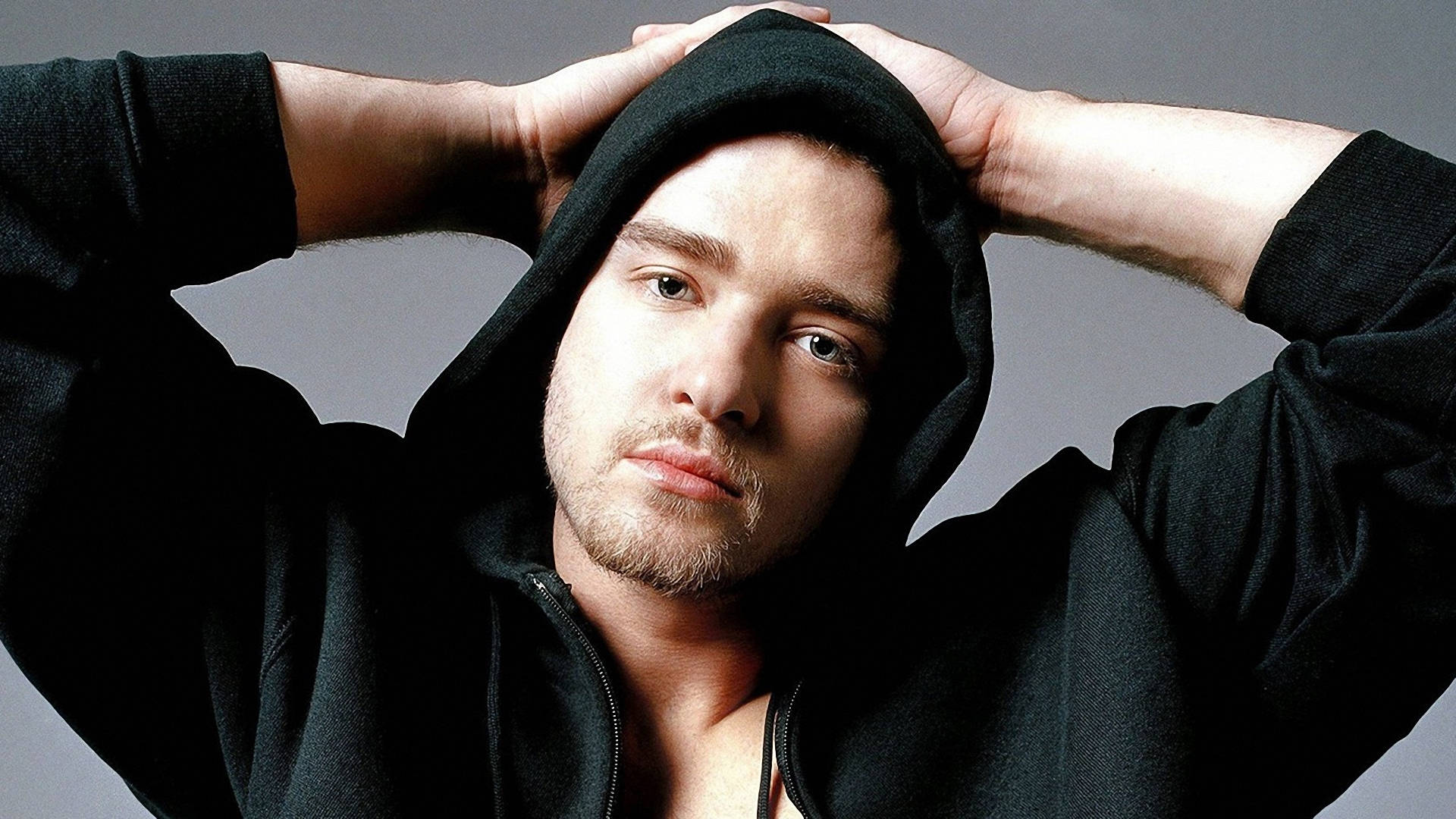Justin Timberlake, black hoodie, hood over head, Full HD Desktop Wallpaper