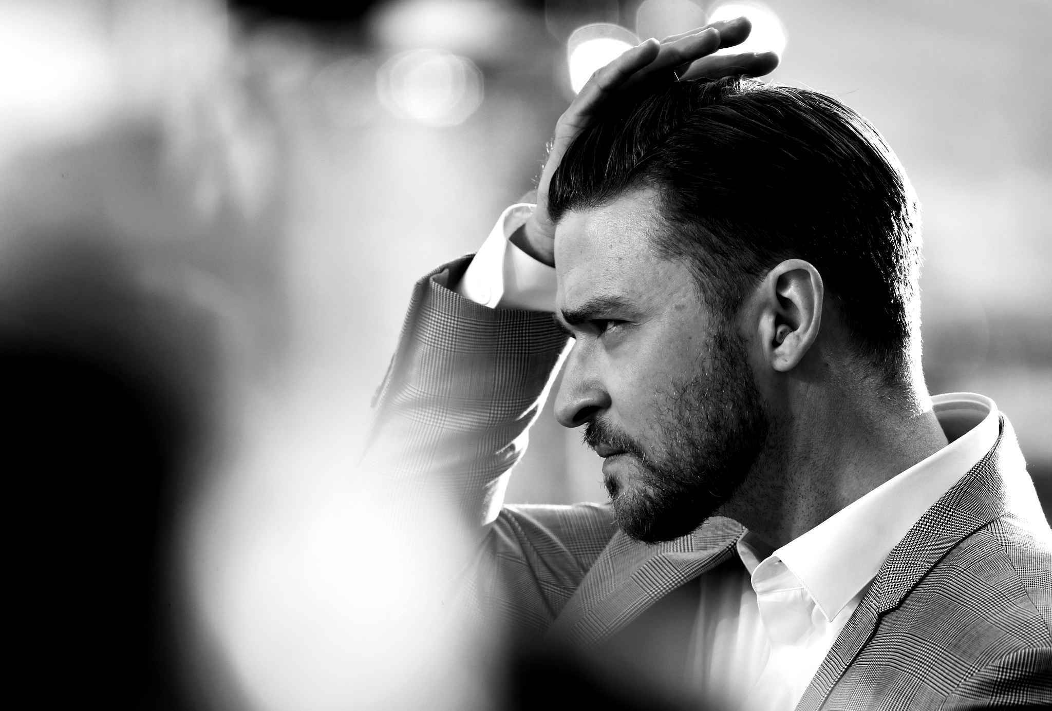 Justin Timberlake, black and white portrait, suit, Full HD Desktop Wallpaper