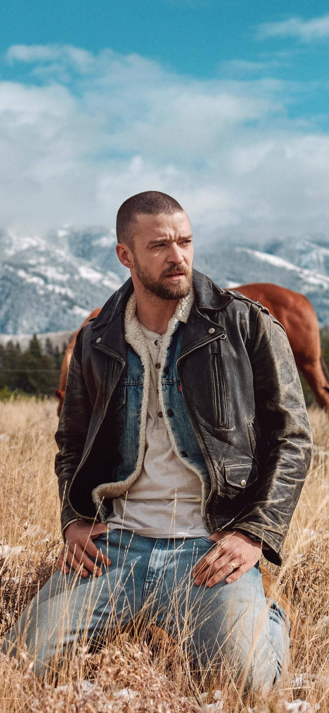 Justin Timberlake, leather jacket, tall grass, Full HD Phone Wallpaper