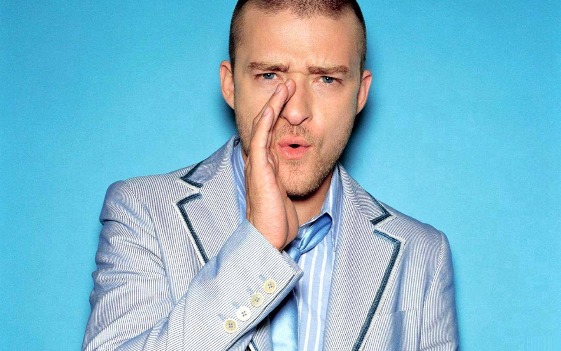 Justin Timberlake, light blue pinstripe suit, solid blue background, Full HD Desktop Wallpaper