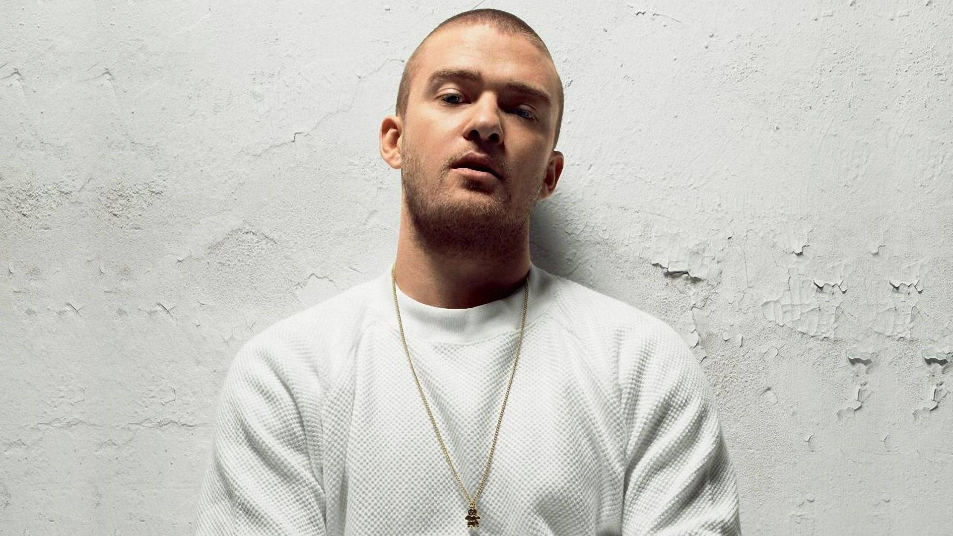 Justin Timberlake, white wall, shaved head, Full HD Desktop Wallpaper