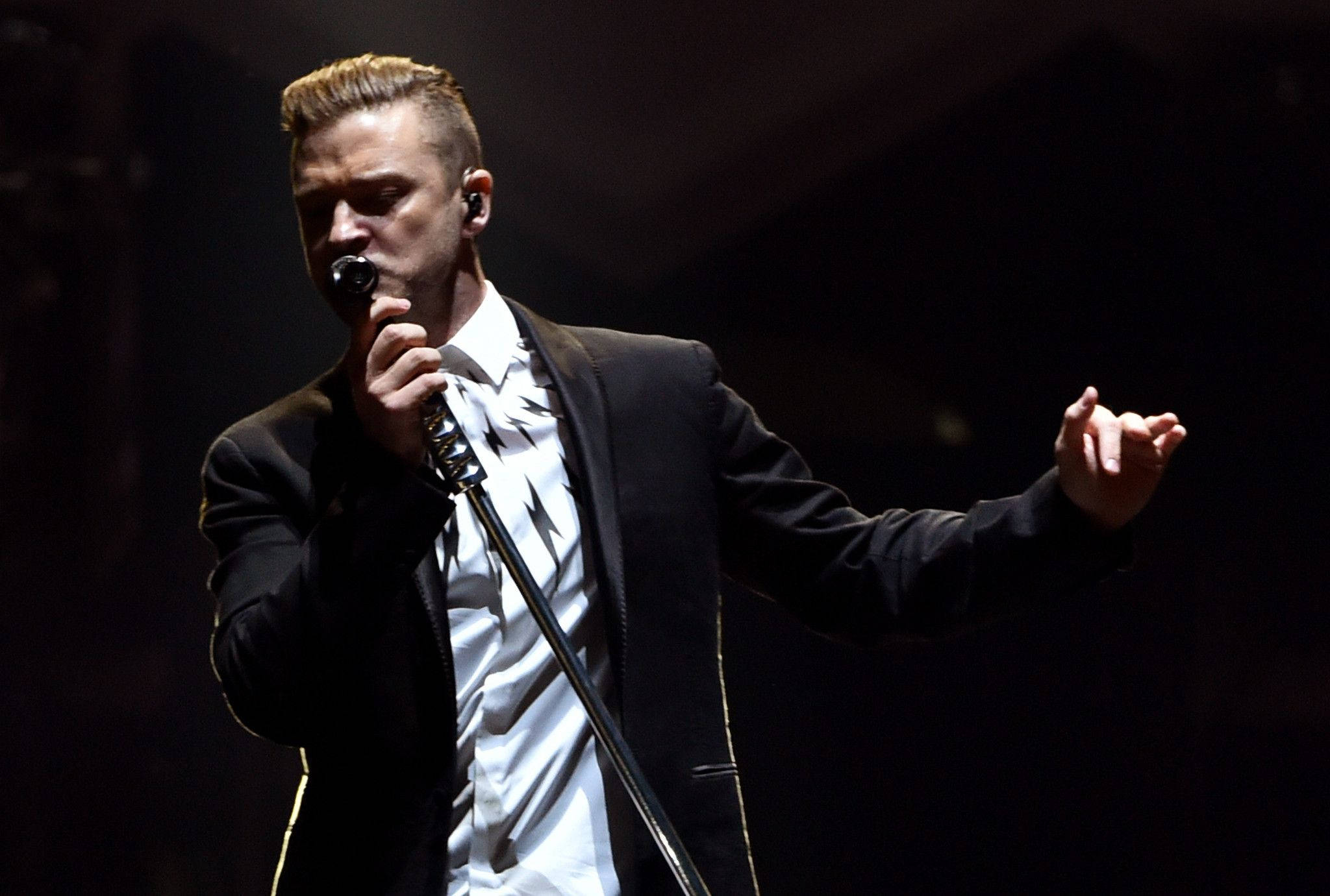 Justin Timberlake, microphone, black suit, Full HD Desktop Wallpaper