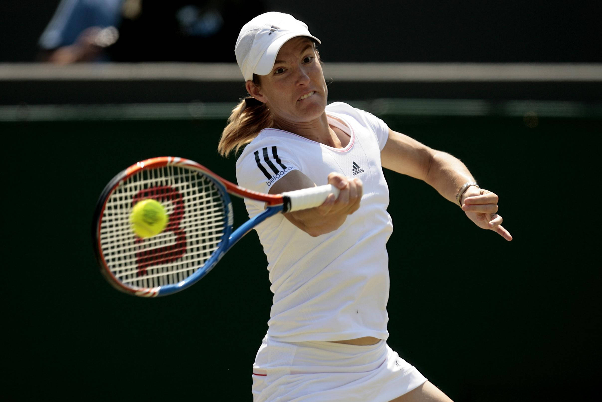 Justine Henin, white gear, yellow ball, Full HD Desktop Wallpaper