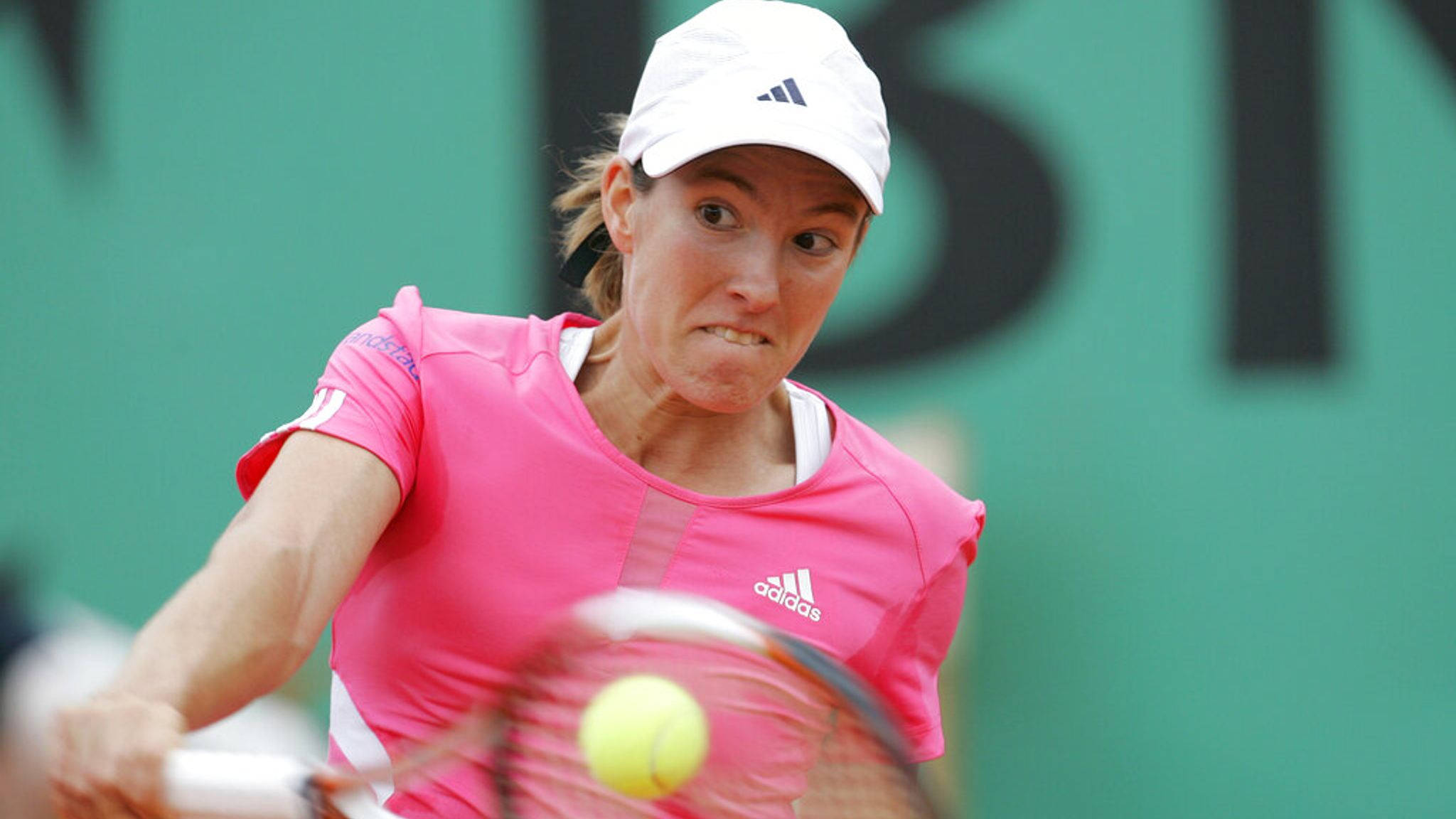 Justine Henin, pink shirt, white cap, Full HD Desktop Wallpaper