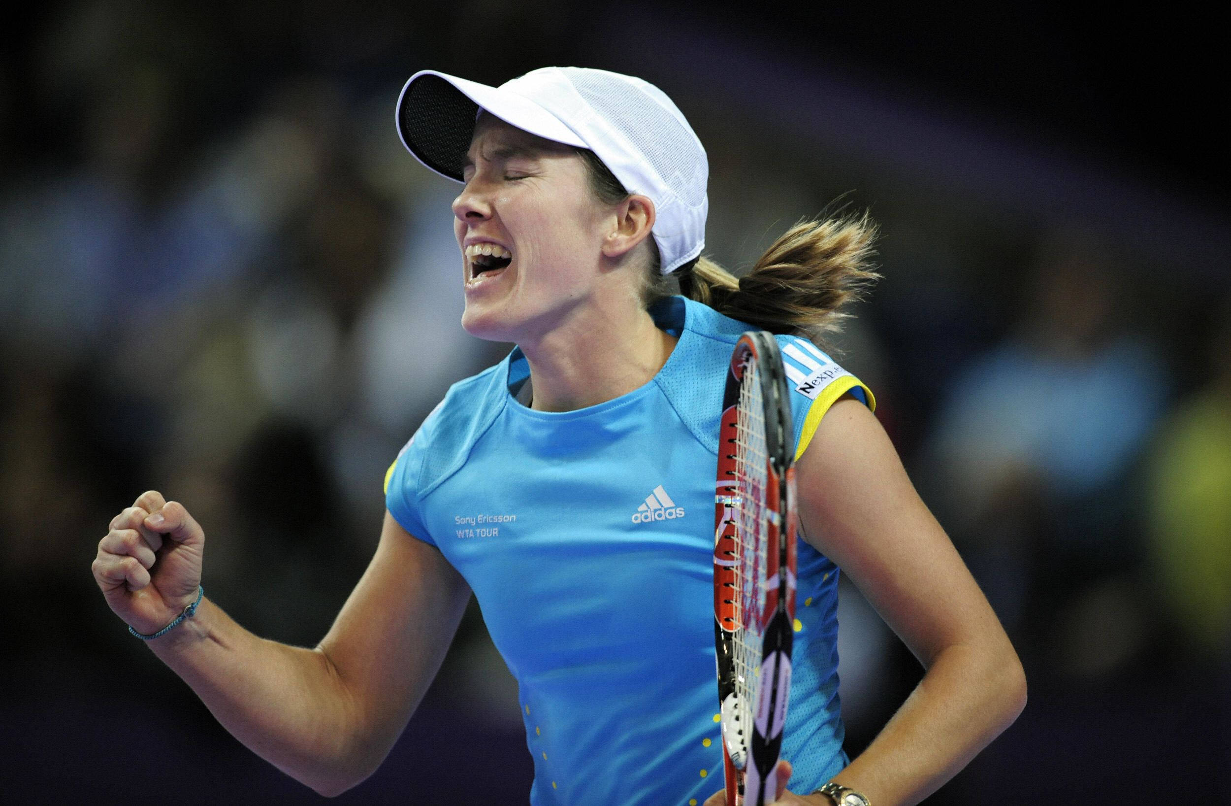 Justine Henin, blue shirt, white cap, Full HD Desktop Wallpaper