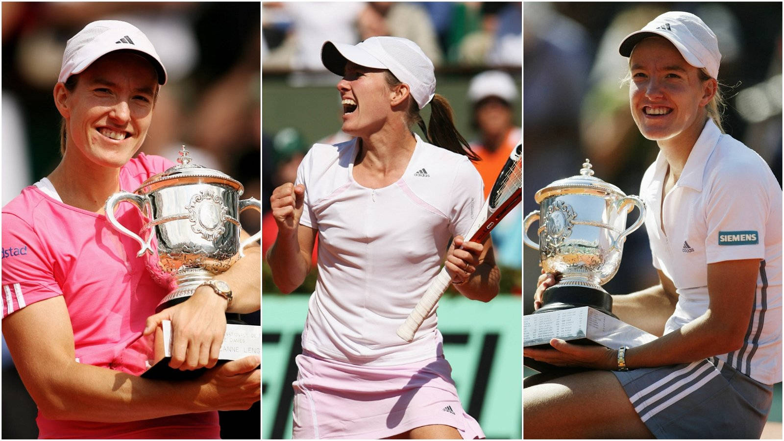 Justine Henin, sunlit clay court, gleaming trophies, HD Desktop Wallpaper
