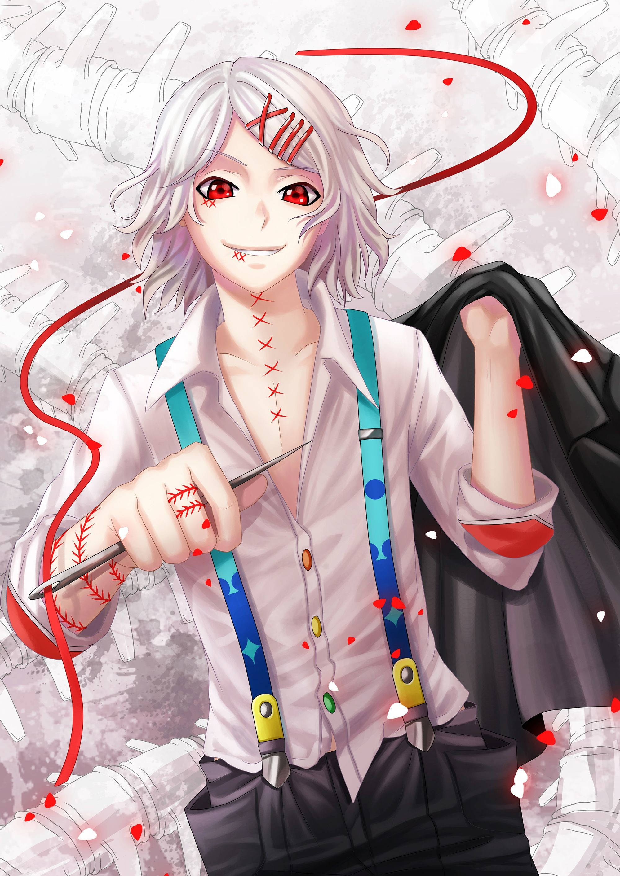 Juuzou Tokyo Ghoul, white hair, red eyes, 2K Phone Wallpaper