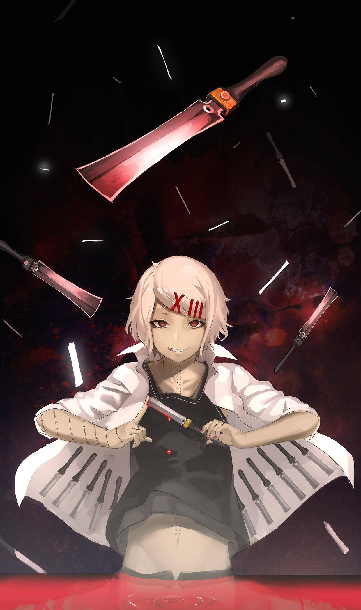 Juuzou Tokyo Ghoul 4K, pale-haired anime girl, red eyes, Full HD Phone Wallpaper