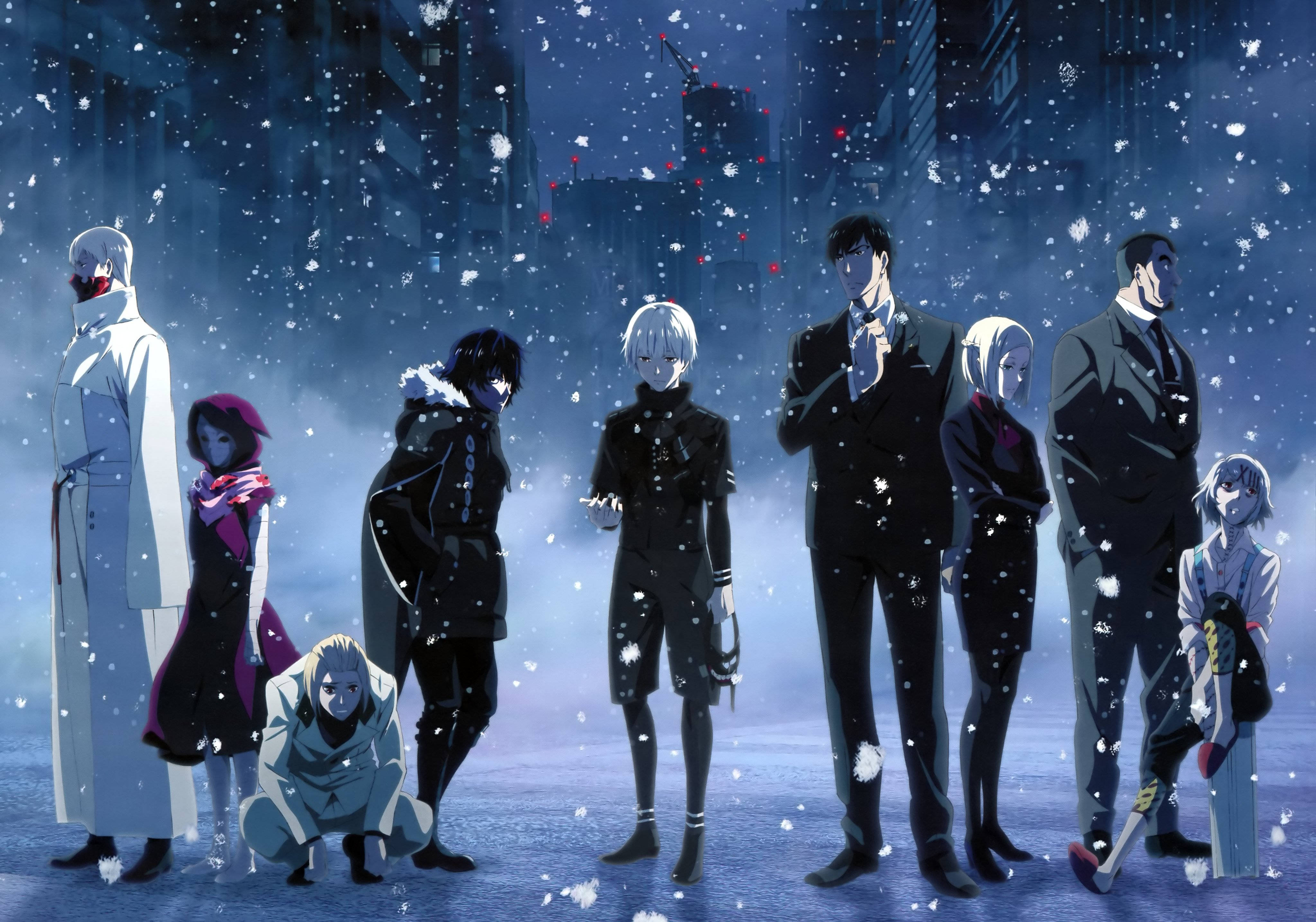 Juuzou Tokyo Ghoul, anime characters, snowy urban night scene, 4K Desktop Wallpaper