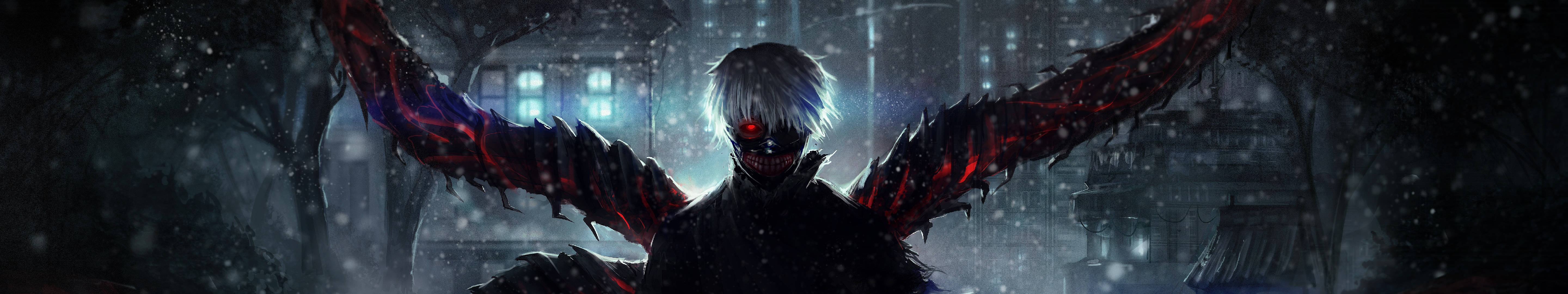 Dark Tokyo Ghoul, three screen, glowing red eyes, 5K Desktop Wallpaper